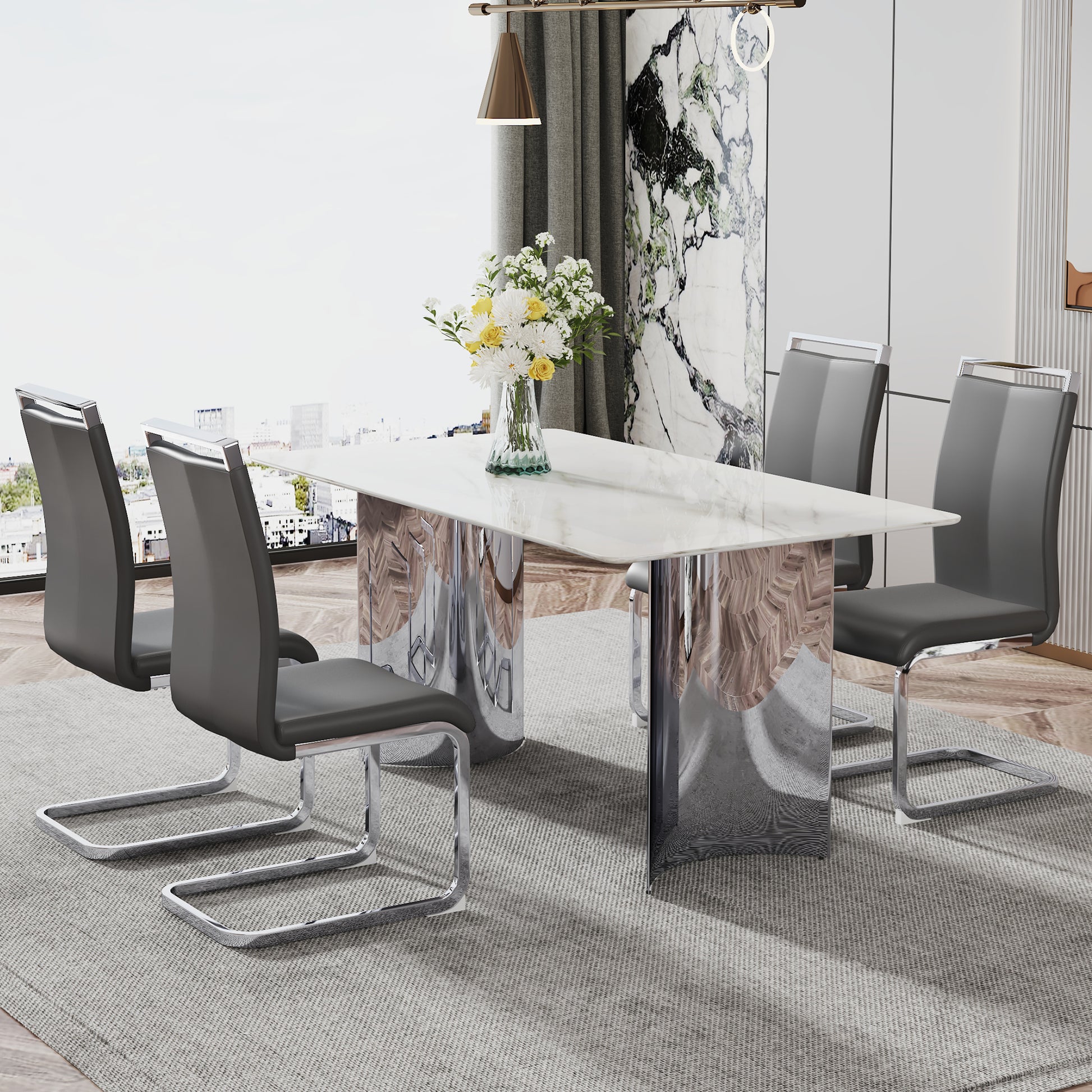 Modern Minimalist Dining Table. Imitation Marble Glass Sticker Desktop, Stainless Steel Legs, Stable And Beautiful. 4 Premium Pu Seats. 63 Inches * 35.4 Inches * 29.5 Inches Dt 69 C 1162 Silver Glass