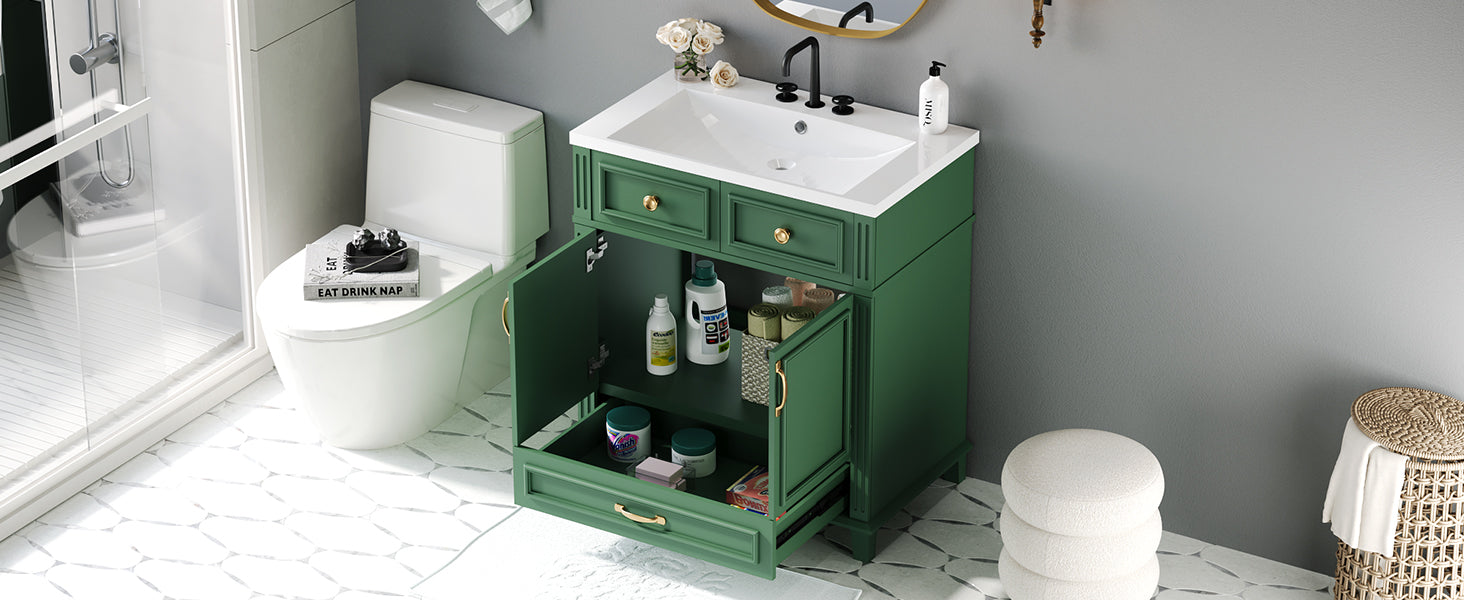 30'' Bathroom Vanity With Resin Sink, Solid Wood Frame Bathroom Storage Cabinet With Soft Closing Doors, Retro Style, Green Same As Sw000118Aaf Green Bathroom Modern Solid Wood Mdf Resin