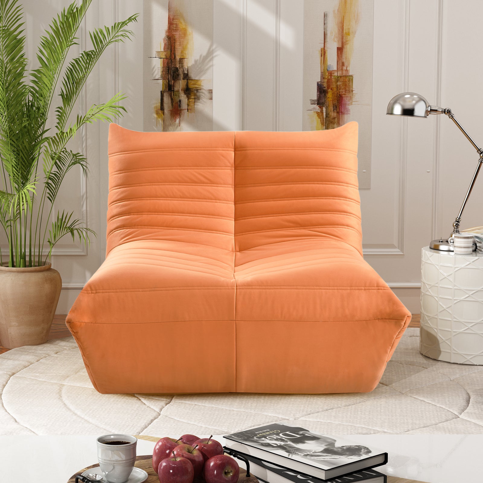 Fireside Chair, Large Bean Bag Chair For Adults, Lazy Floor Sofa For Home, Playing Bean Bag Chair, One Piece High Resillence Sponge, Flannelette Fabric, Orange Orange Soft Foam Flannelette,Foam