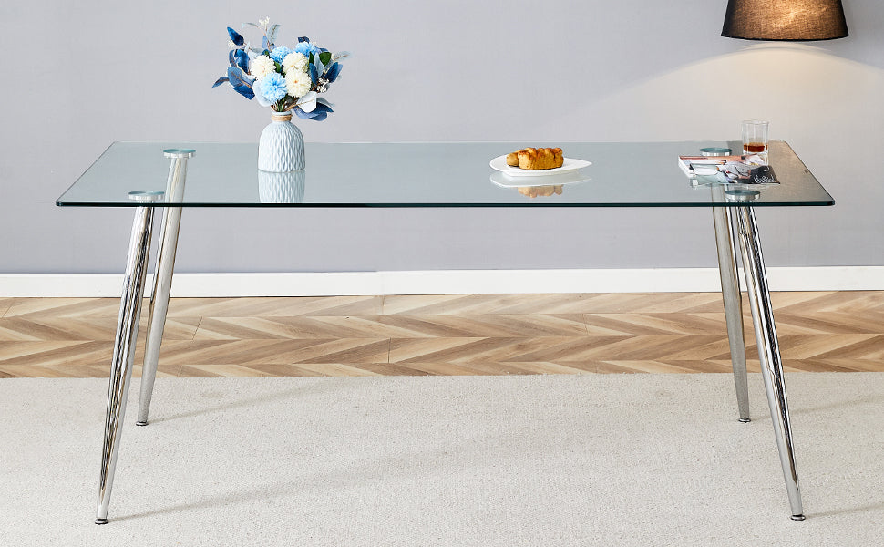 Modern Rectangular Glass Dining Table, Suitable For 4 6 People, With Tempered Glass Countertop And Silver Metal Table Legs, Writing Desk, Suitable For Kitchen, Dining Room And Living Room Transparent Glass