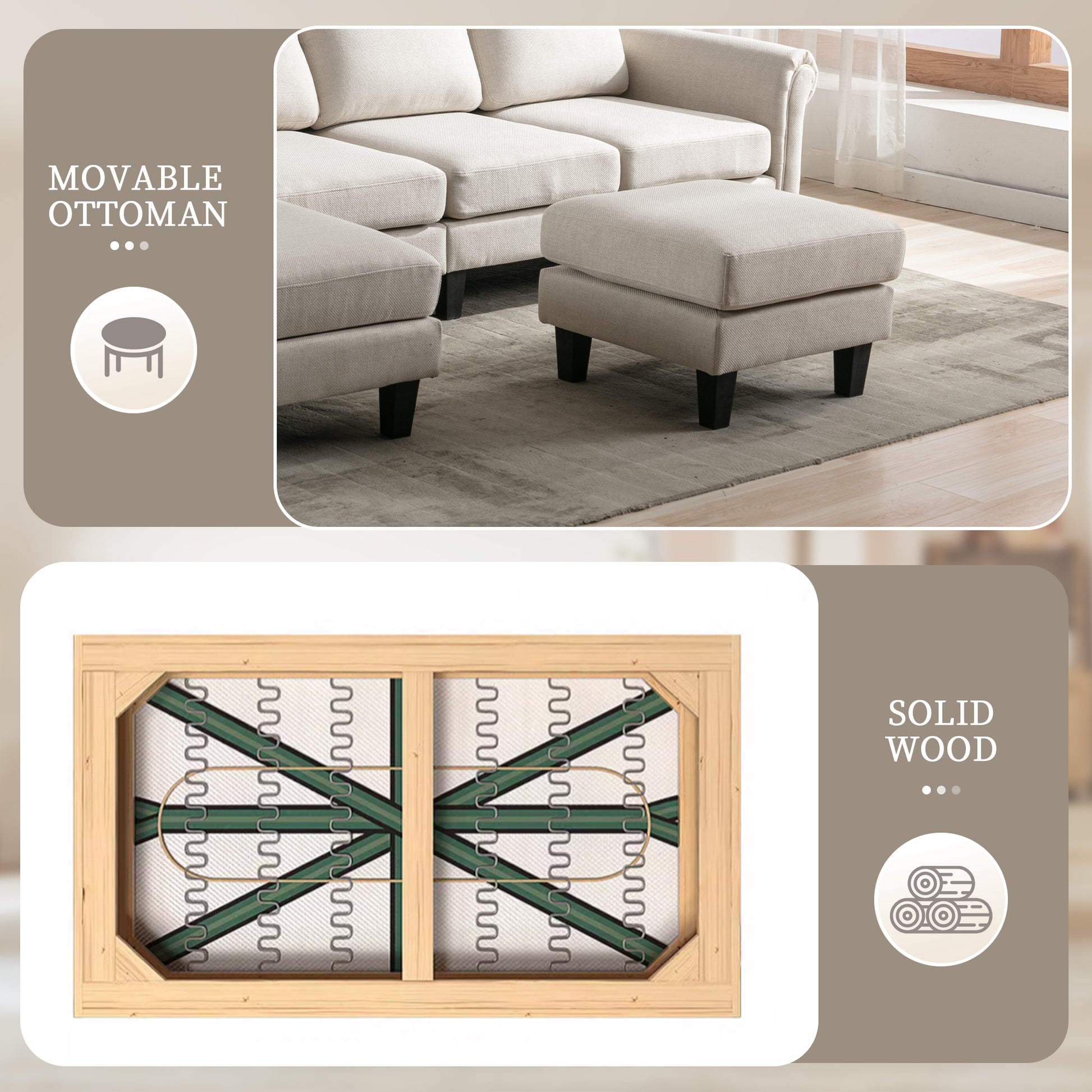 Coolmore Accent Sofa Living Room Sofa Sectional Sofa, U Shape Sectional Sofa With Ottoman, Reversible Sofa Couch For Living Room Beige Linen Beige Foam Linen 4 Seat