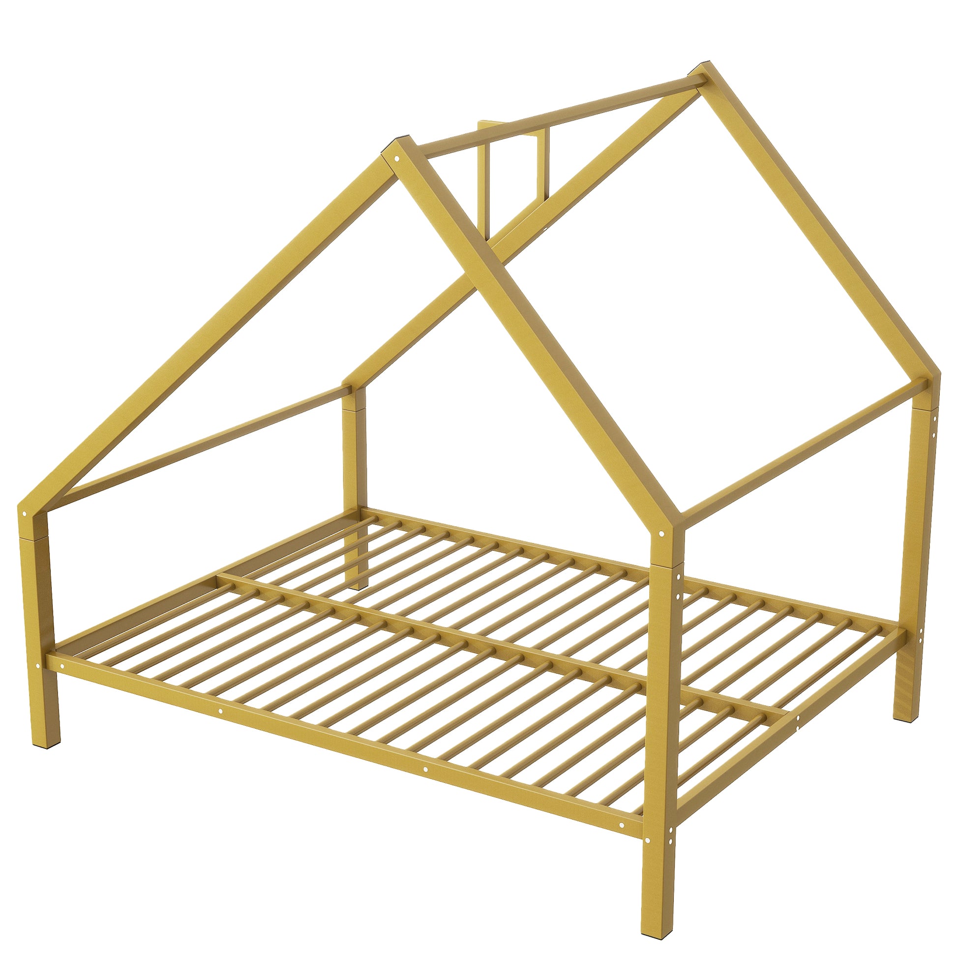 Full Size Metal House Platform Bed With Roof And Chimney, Gold Box Spring Not Required Full Gold Metal Bedroom Bed Frame Metal