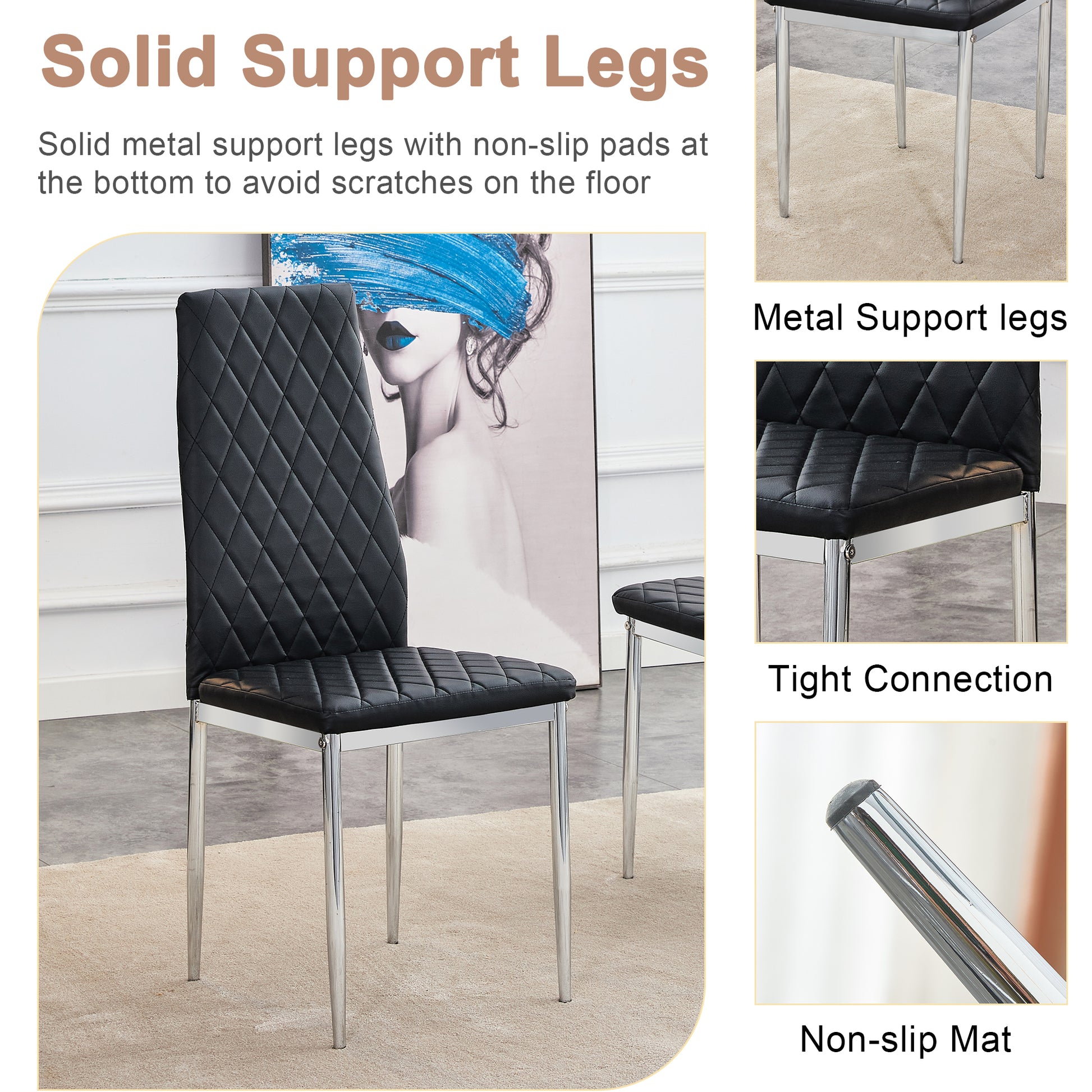 Table And Chair Set.Large Modern Rectangular Table With Brown Glass Top And Silver Metal Legs. Paired With 4 Black Chairs With Checkered Armless High Back Pu Cushion And Silver Metal Legs. Black,Silver Seats 4 Glass Metal