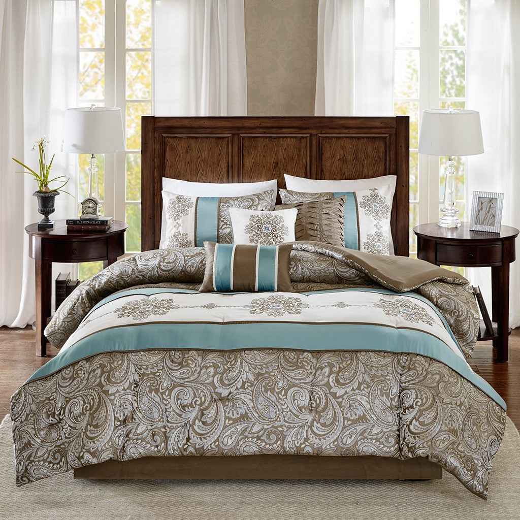Jacquard 7 Piece Comforter Set Blue Queen Queen Blue Polyester