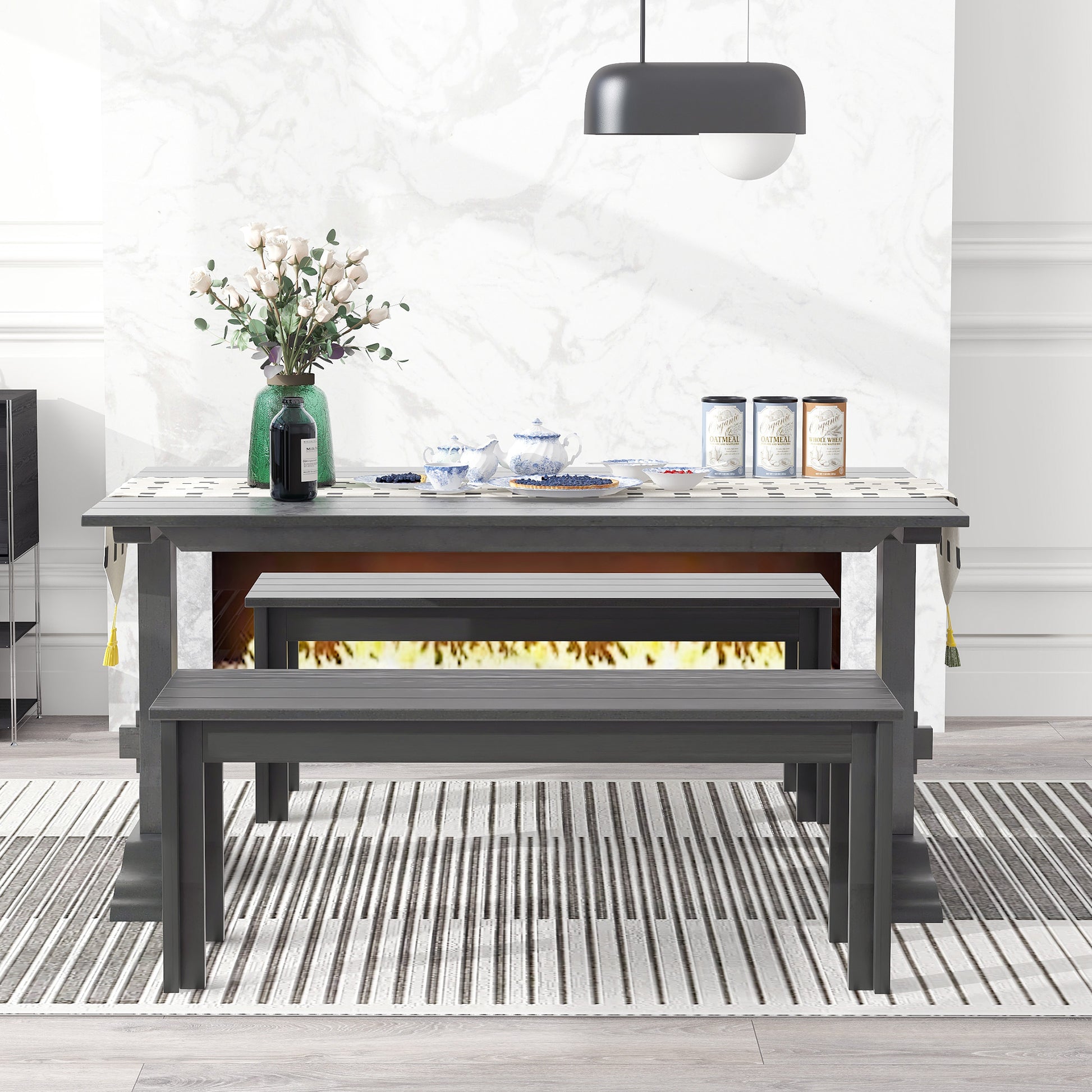 3 Piece Retro Dining Set, Rectangular Trestle Table And 2 Wood Benches For 4 People For Dining Room And Kitchen Grey Grey Solid Wood Mdf