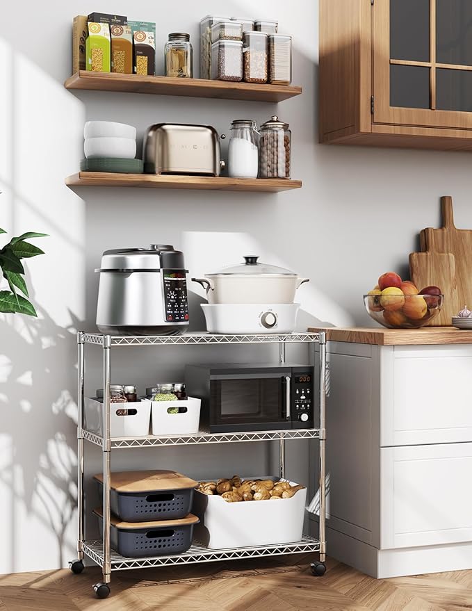 Heavy Duty 3 Shelf Shelving With Wheels, Adjustable Storage Units, Steel Organizer Wire Rack, Chrome Chrome Steel