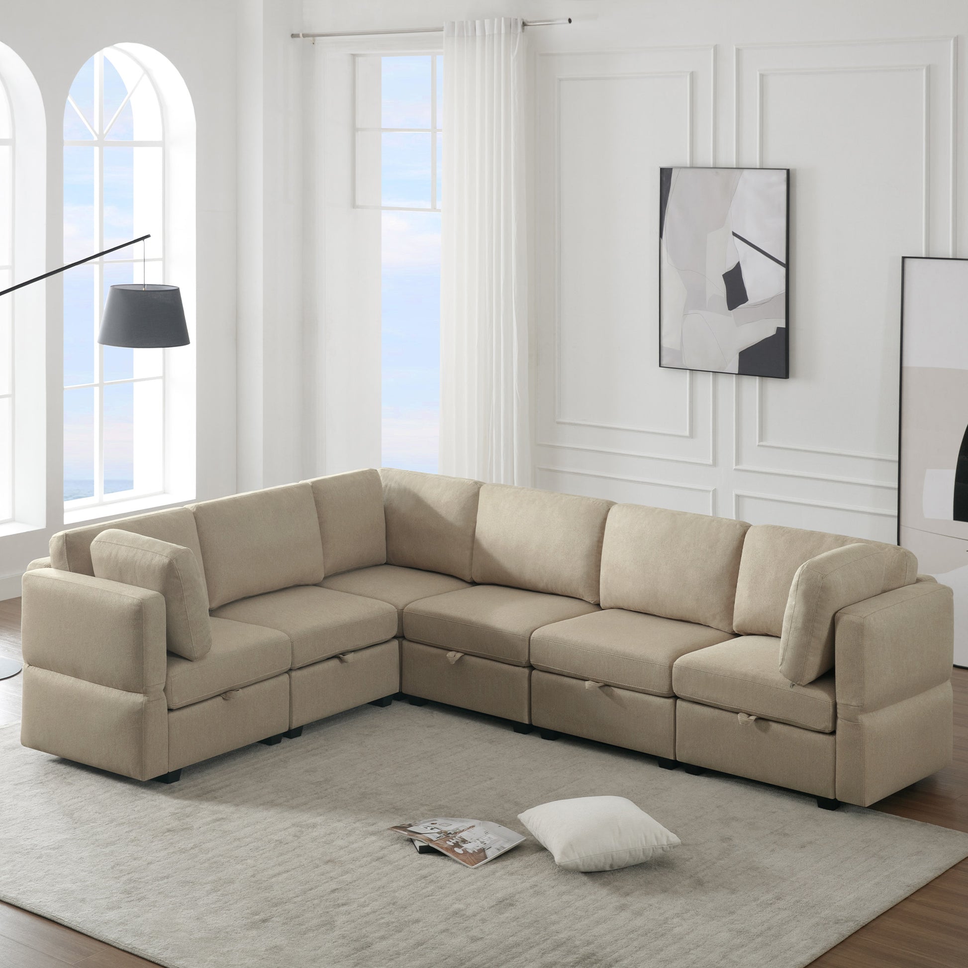 L Shaped Modular Sectional Corner Sofa Couch, 6 Seat Modular Sectional Sofa With Chaise For Living Room, Adjustable Arms And Backs Beige Beige Polyester 6 Seat