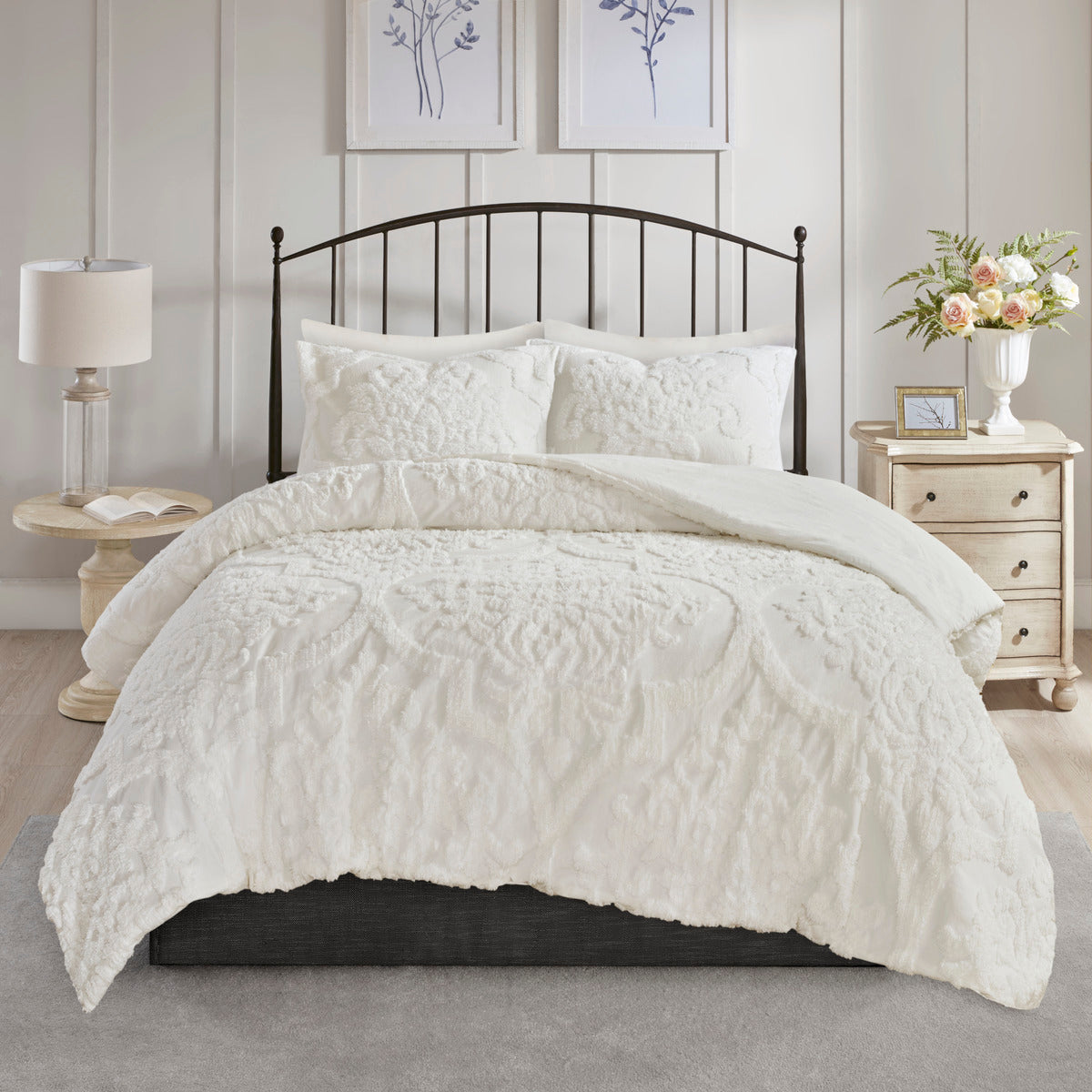 3 Piece Tufted Cotton Chenille Da Comforter Set Off White Full Queen Full Off White Cotton