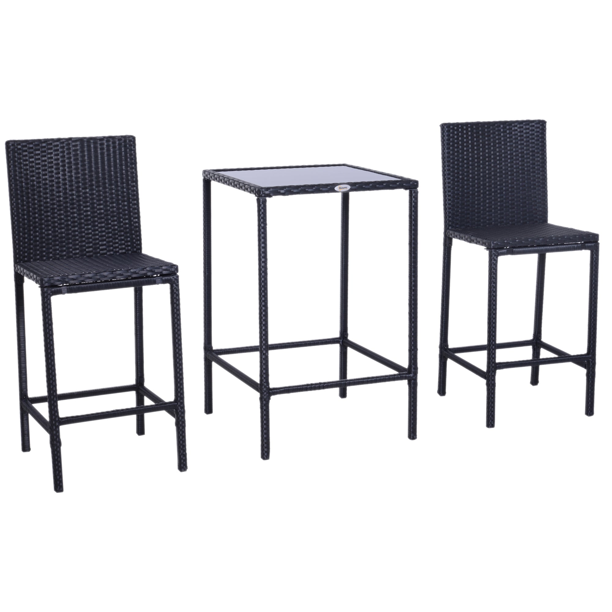 Outsunny 3Pcs Rattan Bar Set With Glass Top Table, 2 Bar Stools For Outdoor, Patio, Garden, Poolside, Backyard Black Aluminum