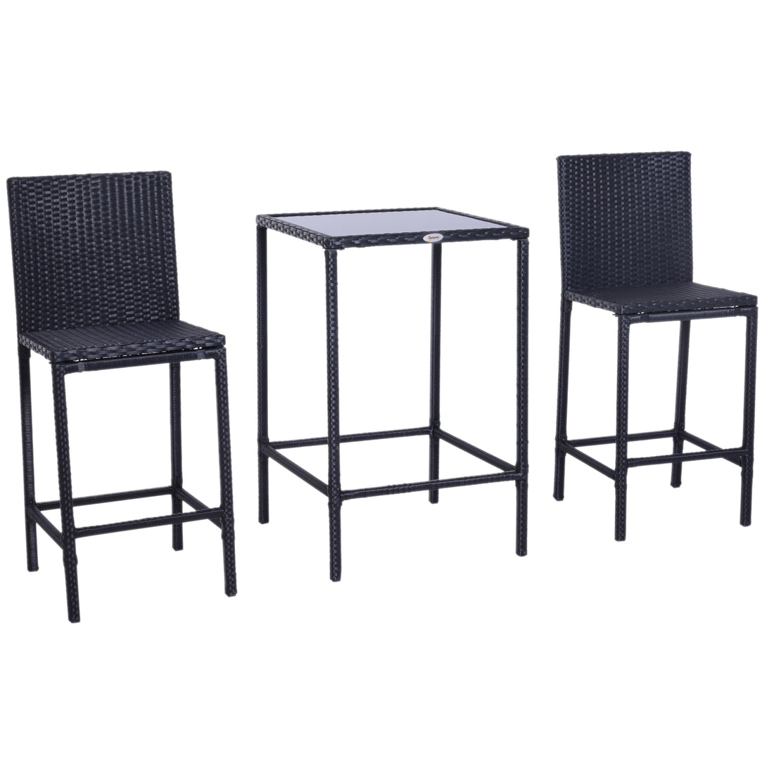 Outsunny 3Pcs Rattan Bar Set With Glass Top Table, 2 Bar Stools For Outdoor, Patio, Garden, Poolside, Backyard Black Aluminum