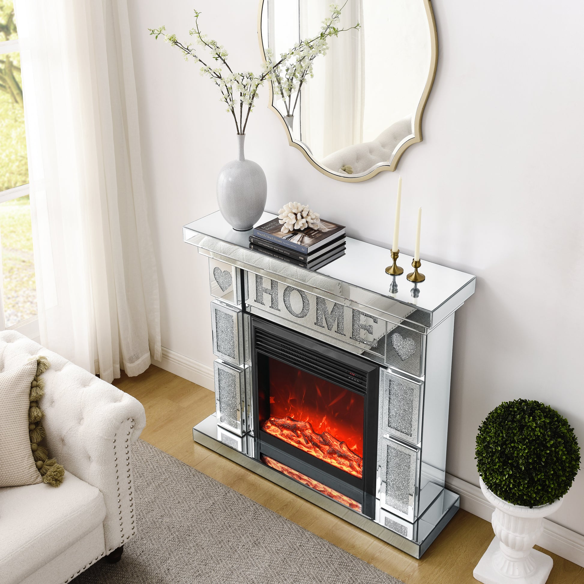 W 46" X D 12.6 X H 41 " Acrylic Diamond Mirror Fireplace Cabinet, Tv Fireplace Cabinet Powder Coated Electric Bedroom Yes Freestanding Electric 41 50 Yes Silver 400 Natural Vent American Design Acrylic Mdf Glass