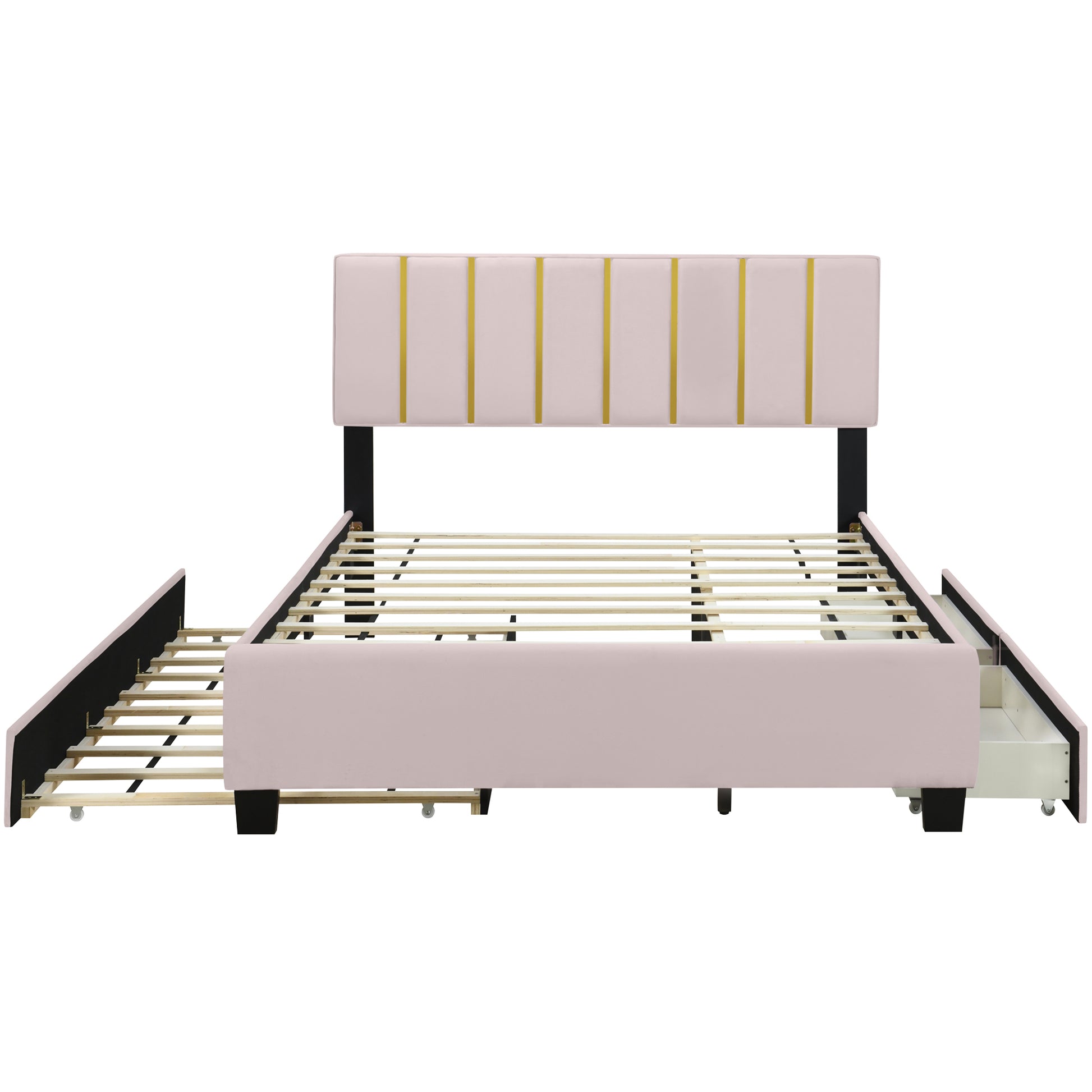 Queen Size Upholstered Platform Bed With 2 Drawers And 1 Trundle, Classic Metal Strip Headboard Design, Pink Queen Pink Mdf Lvl