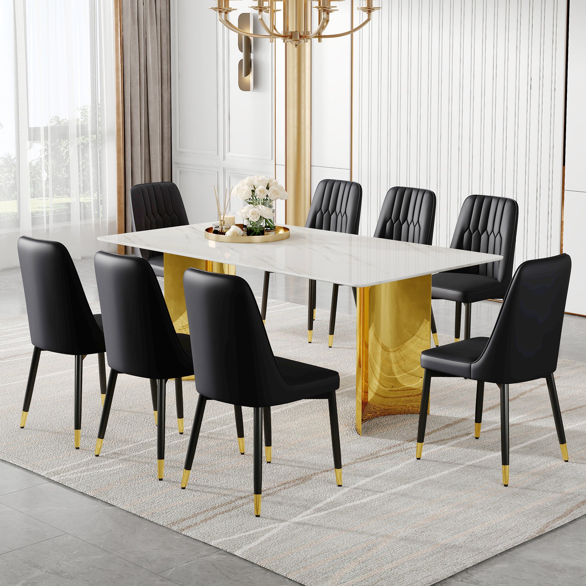 Table And Chair Set.The Table Has A Glass Top With Imitation Marble Pattern Stickers And Stainless Steel Golden Legs. Paried With Chairs With Pu Artificial Leather Backrest Cushions And Black Legs. White Gold Seats 8 Glass Metal