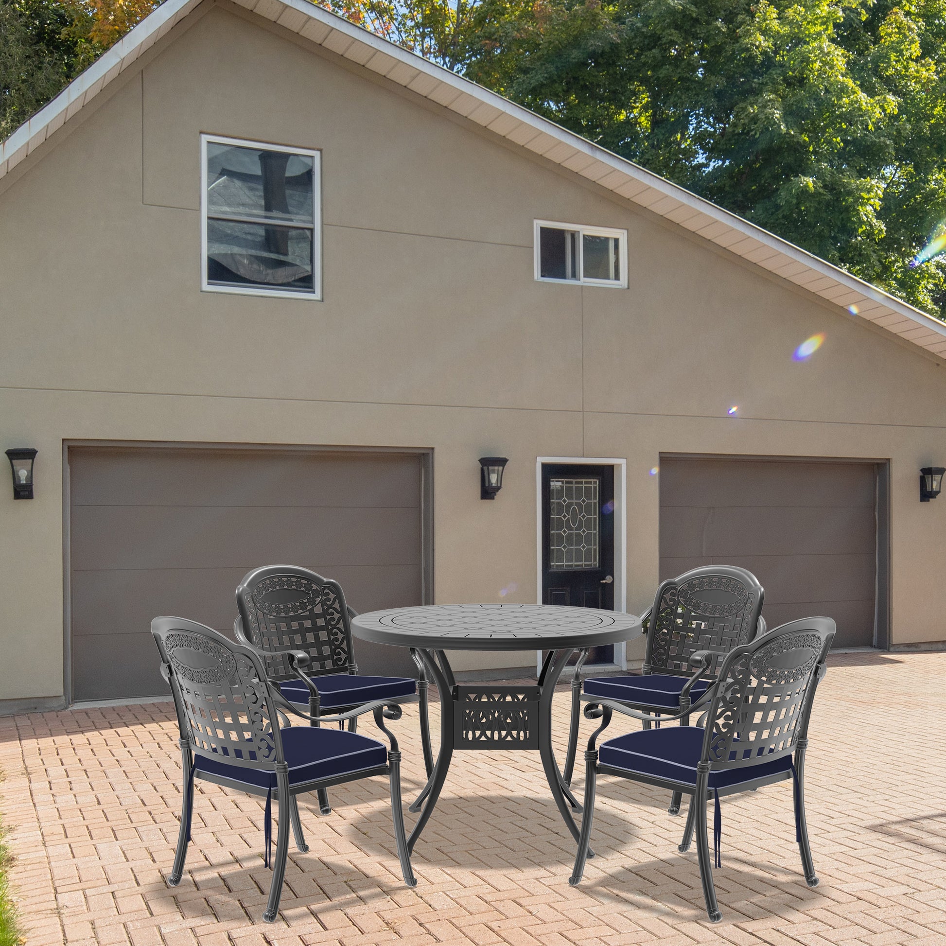 Cushions In Random Colors 5 Piece Set Of Cast Aluminum Patio Furniture With Cushions Yes Dining Set Black Seats 4 Rust Resistant Frame Water Resistant Cushion Garden & Outdoor Complete Patio Sets Aluminium