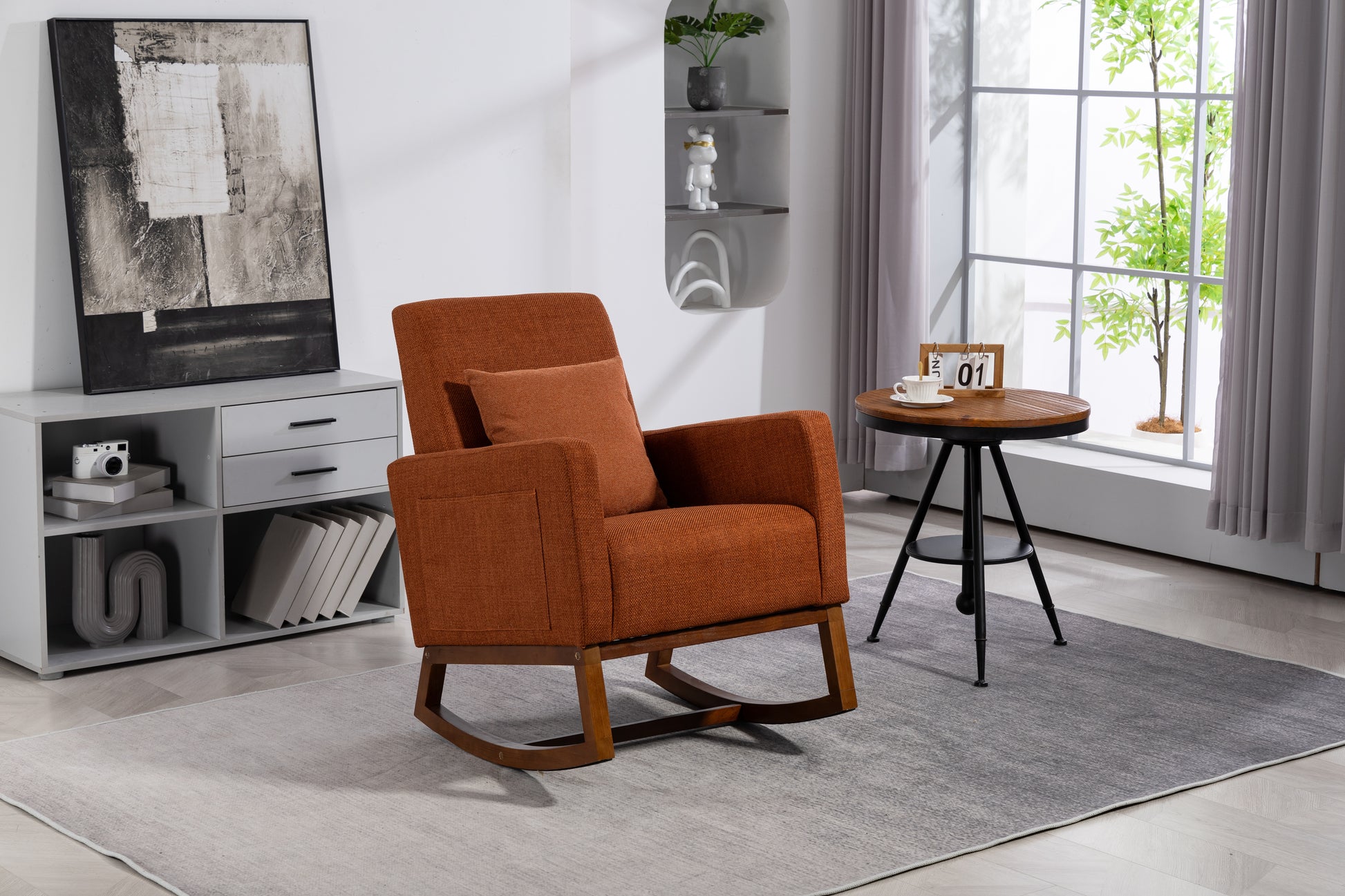 Mid Century Modern Accent Chair With Wood Frame, Upholstered Living Room Chairs With Waist Cushion, Reading Armchair For Bedroom Sunroom Brown Linen