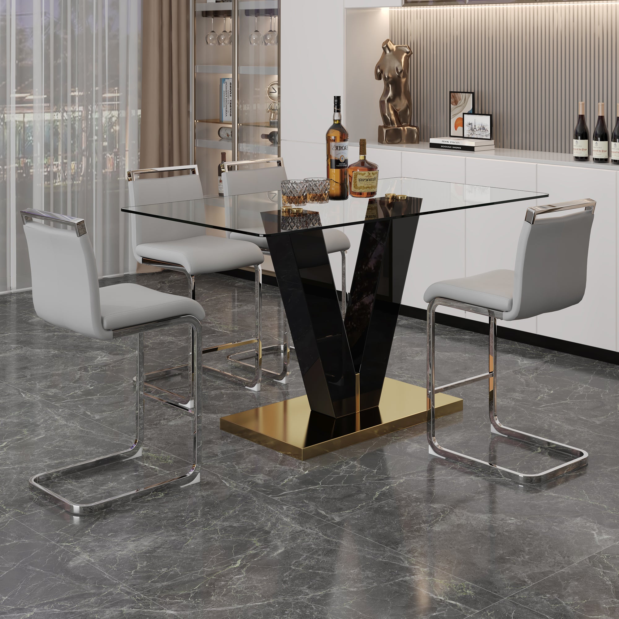 Table And Chair Set. A Rectangular Glass Dining Table With A 0.4 Inch Tempered Glass Tabletop And Mdf Board V Shaped Bracket, Paired With Chairs Consisting Of Pu Seat Cushions And Silver Metal Legs. Black Gray Seats 4 Tempered Glass