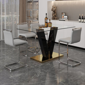 Table And Chair Set. A Rectangular Glass Dining Table With A 0.4 Inch Tempered Glass Tabletop And Mdf Board V Shaped Bracket, Paired With Chairs Consisting Of Pu Seat Cushions And Silver Metal Legs. Black Gray Seats 4 Tempered Glass