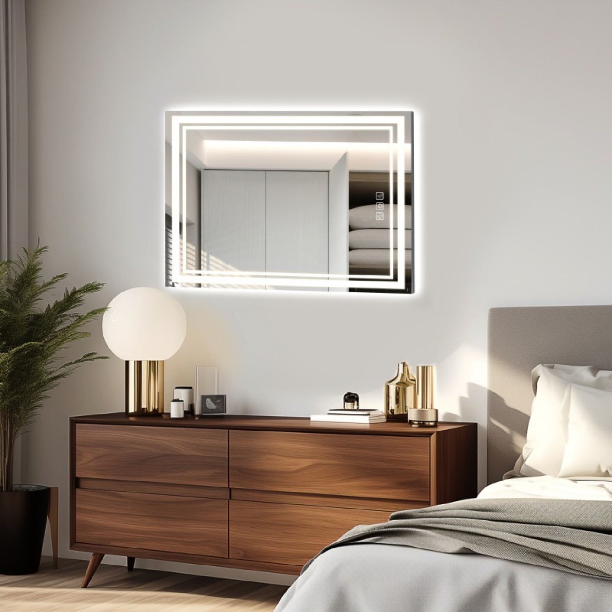 Led Bathroom Mirror 32" X 24" Front And Backlight, 5 Mins Defog, 5Mm Full Hd Reflected Wall Mounted Vanity Mirror, 3 Colors Stepless Dimmable, Cri90 , Memory Function Plug In Hardwire Silver Glass