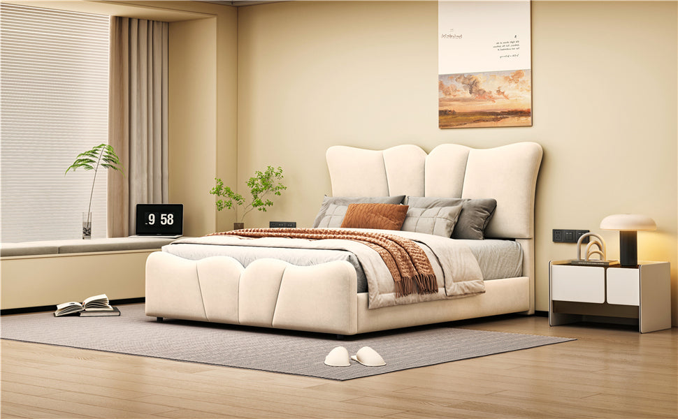 Full Size Upholstered Platform Bed Velvet Upholstered Bed, Beige Full Beige Velvet