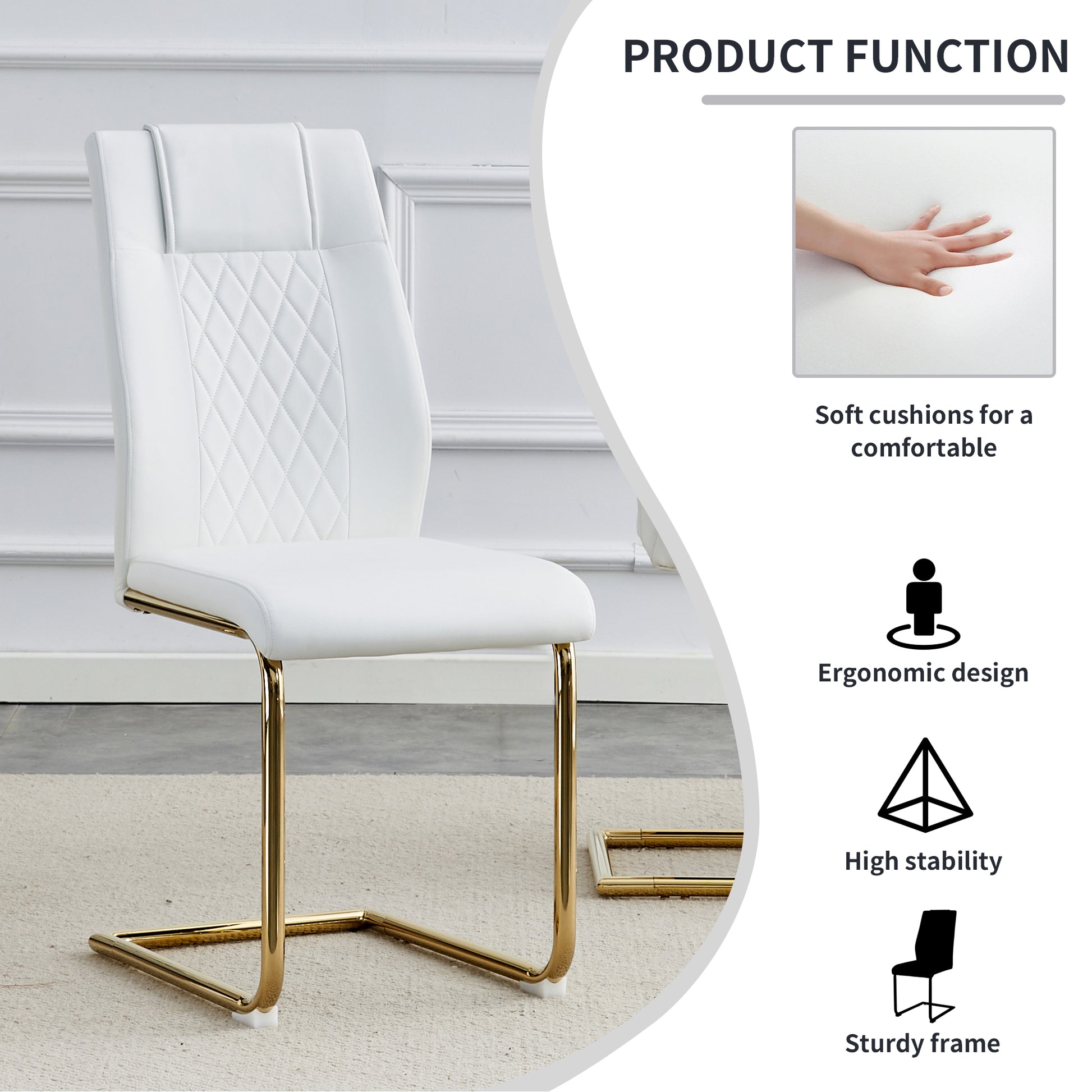 Table And Chair Set, The Table Is Equipped With A Marble Patterned Mdf Tabletop And Gold Table Legs.Dining Chairs,Gold Legged Upholstered Chairs Made Of Artificial Leather. Gold White Seats 4 Mdf