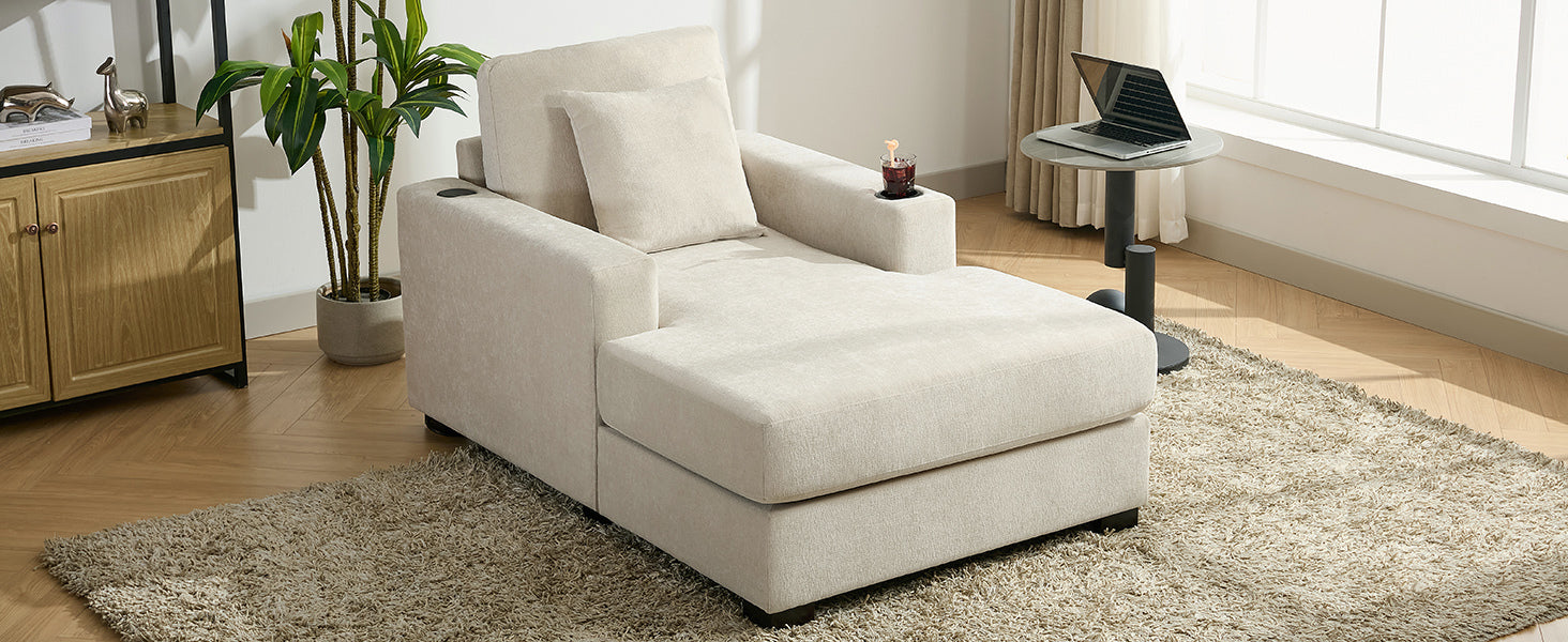 39.7" Oversized Chaise Lounger Modern Style Sofa Couch ,With Pillows, Charge Station & Cup Holders, Chenille Fabric, Cream Cream Chenille