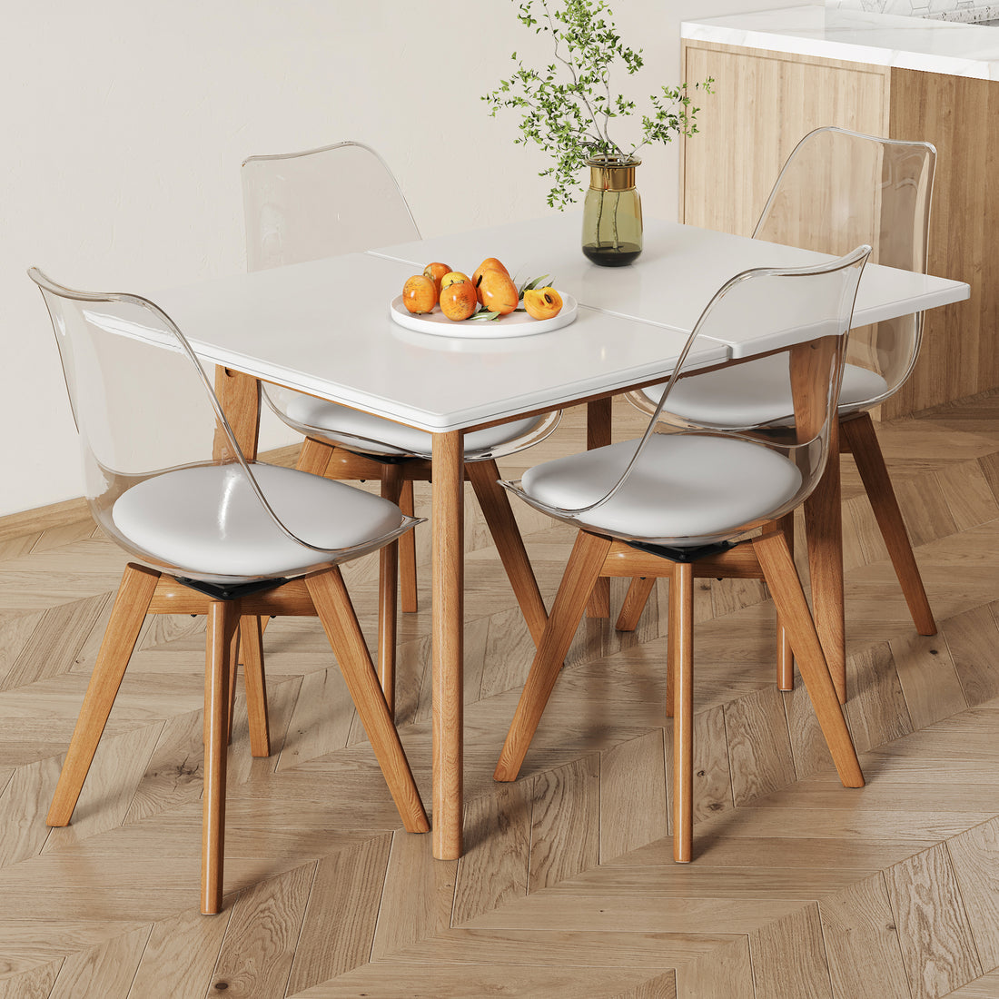 White Stone Burning Tabletop With Rubber Wooden Legs, Foldable Computer Desk, Foldable Office Desk,4 Modern Chairs Can Rotate 360 Degrees,The Seat Cushion Is Made Of Pu Material. Zd 1545Sc 003 White Sintered Stone