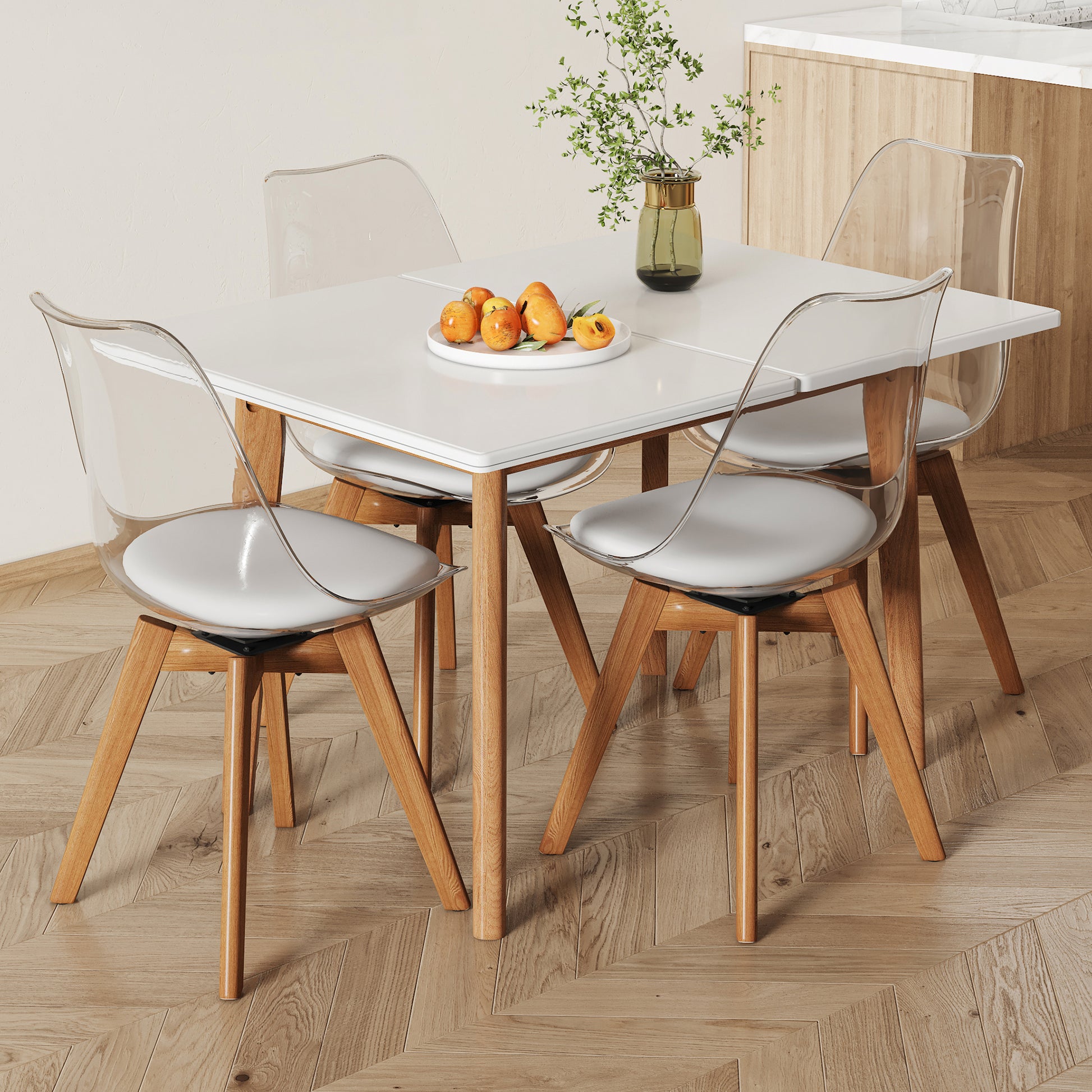 White Stone Burning Tabletop With Rubber Wooden Legs, Foldable Computer Desk, Foldable Office Desk,4 Modern Chairs Can Rotate 360 Degrees,The Seat Cushion Is Made Of Pu Material. Zd 1545Sc 003 White Sintered Stone