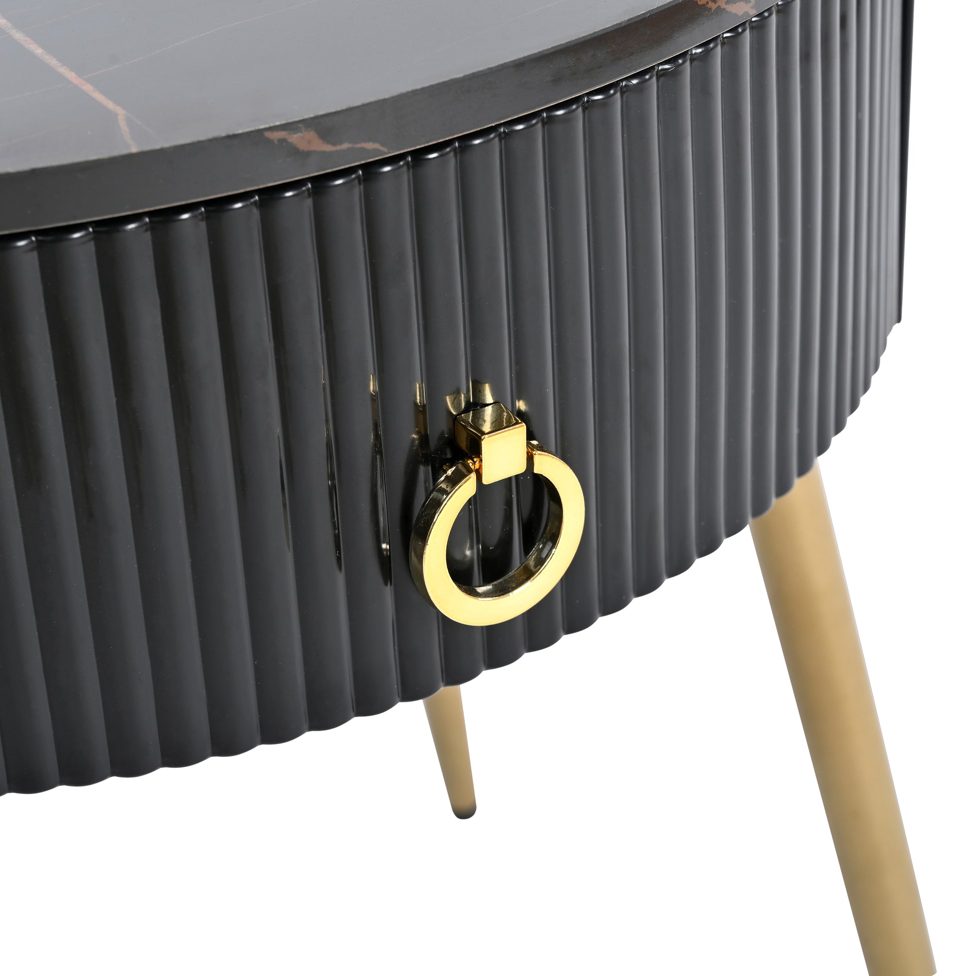 19.6'' Easy Assembly End Tables With High Gloss Faux Marble Tabletops, Set Of 2, Modern Fluted 2 Side Tables With Drawers, Round Coffee Tables With Golden Legs For Living Room, Black Black Gold Primary Living Space Drawers Round Mdf Iron