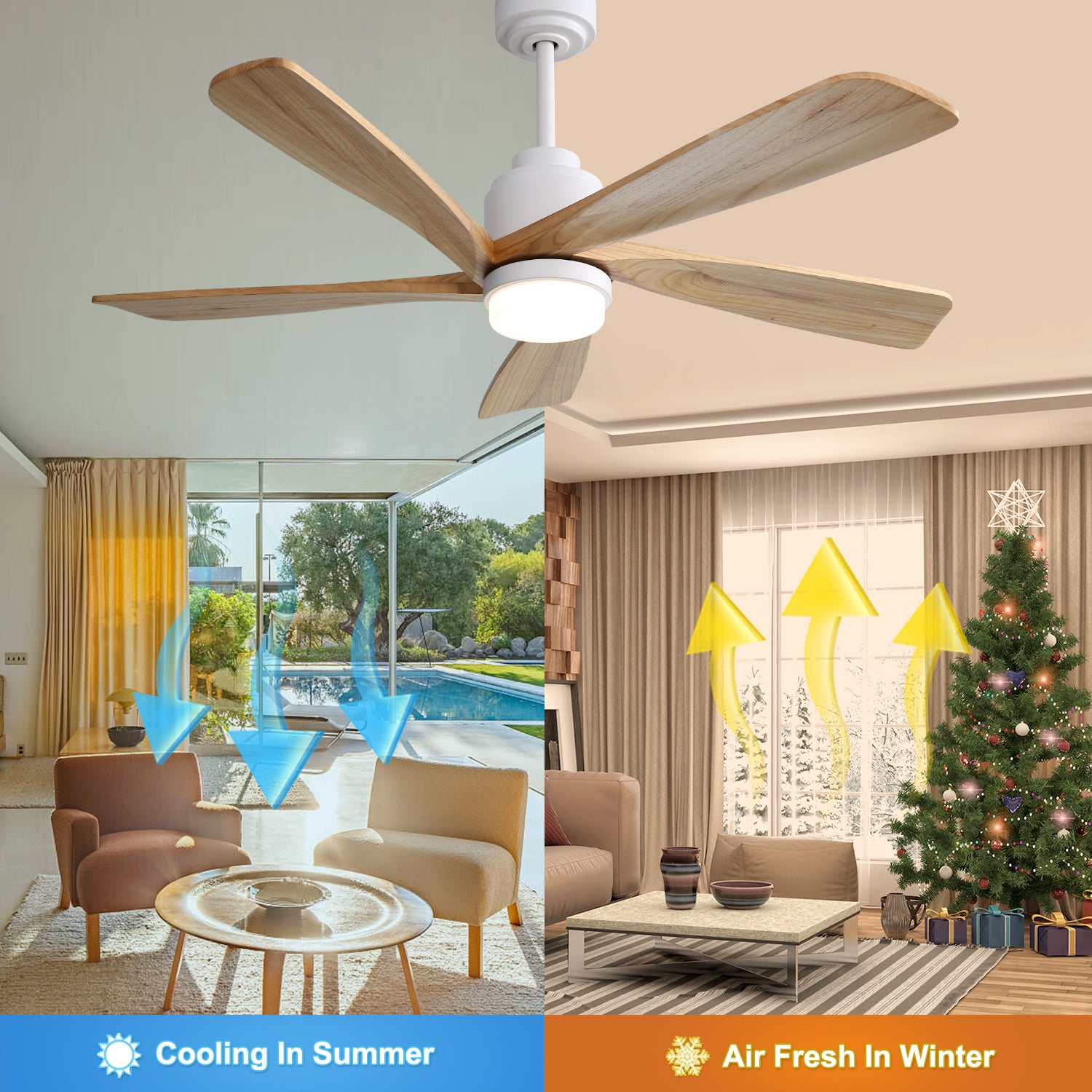52 Inch Ceiling Fan With Dimmable Led Light 5 Solid Wood Blades Smart Remote Control Reversible Dc Motor Ceiling Fan White Metal & Wood