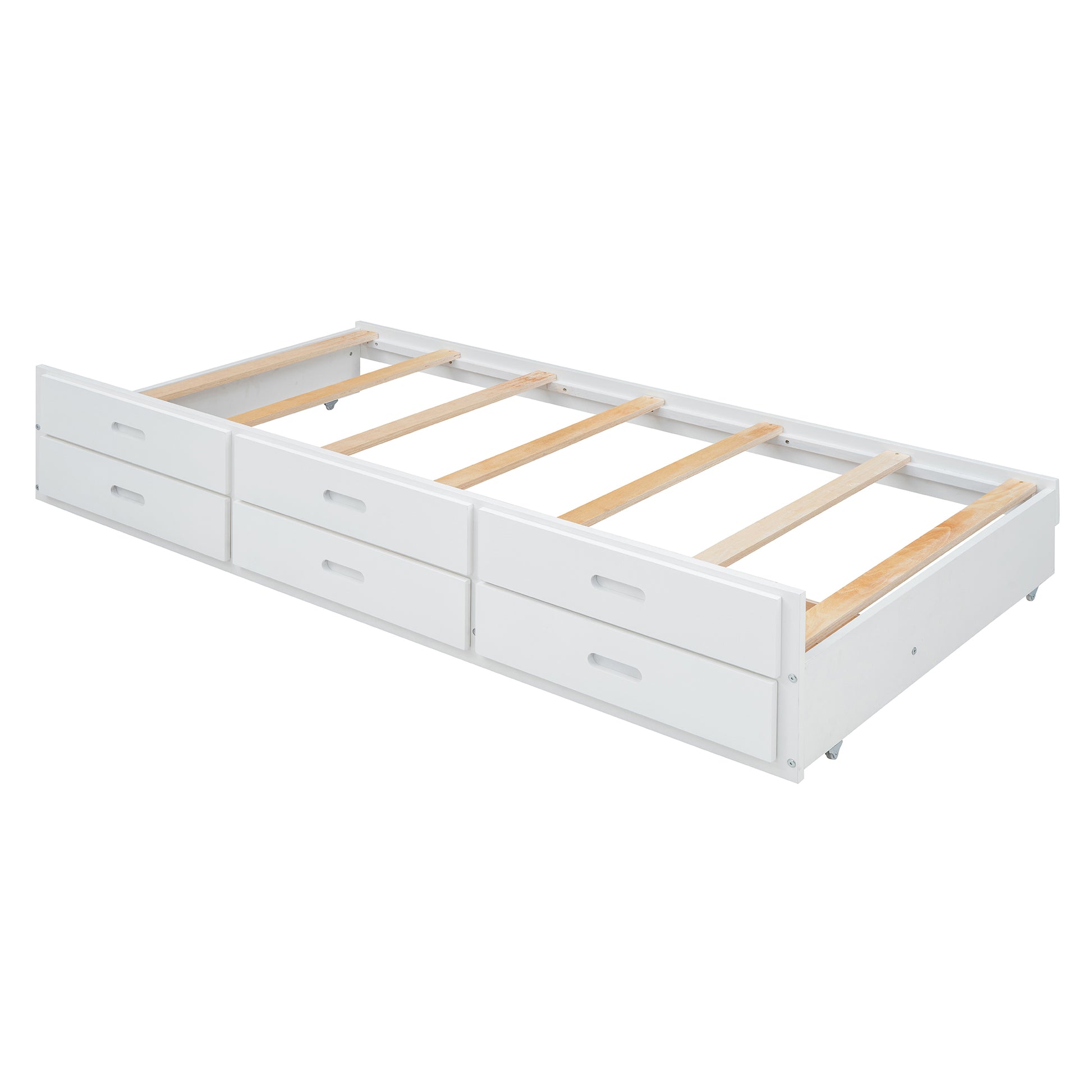 Twin Size Wooden Bed With Storage Headboard With Outlets, Extendable Bed With Twin Size Trundle With Three Storage Drawers,White Twin White Wood