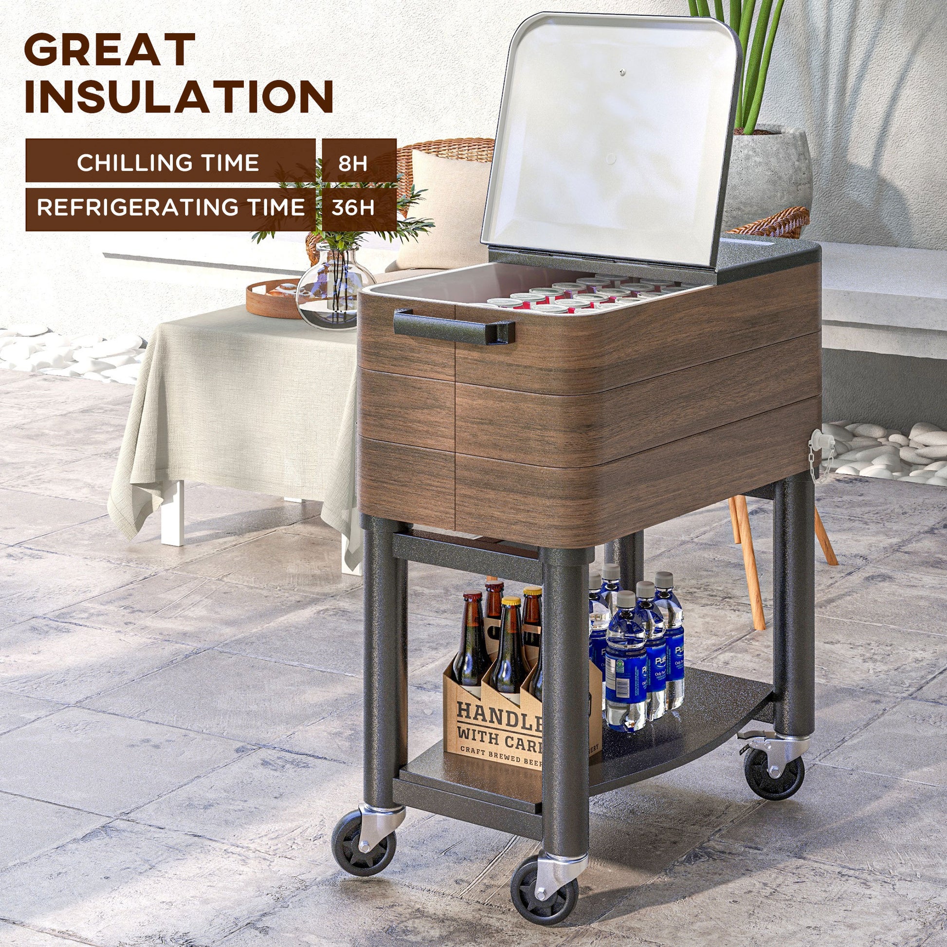 Outsunny Outdoor Cooler Cart, Rolling Beverage Ice Chest, Rugged Steel Patio Cooler With Locking Wheels, 60 Quart Capacity For Poolside Bbqs, Brown Brown Plastic