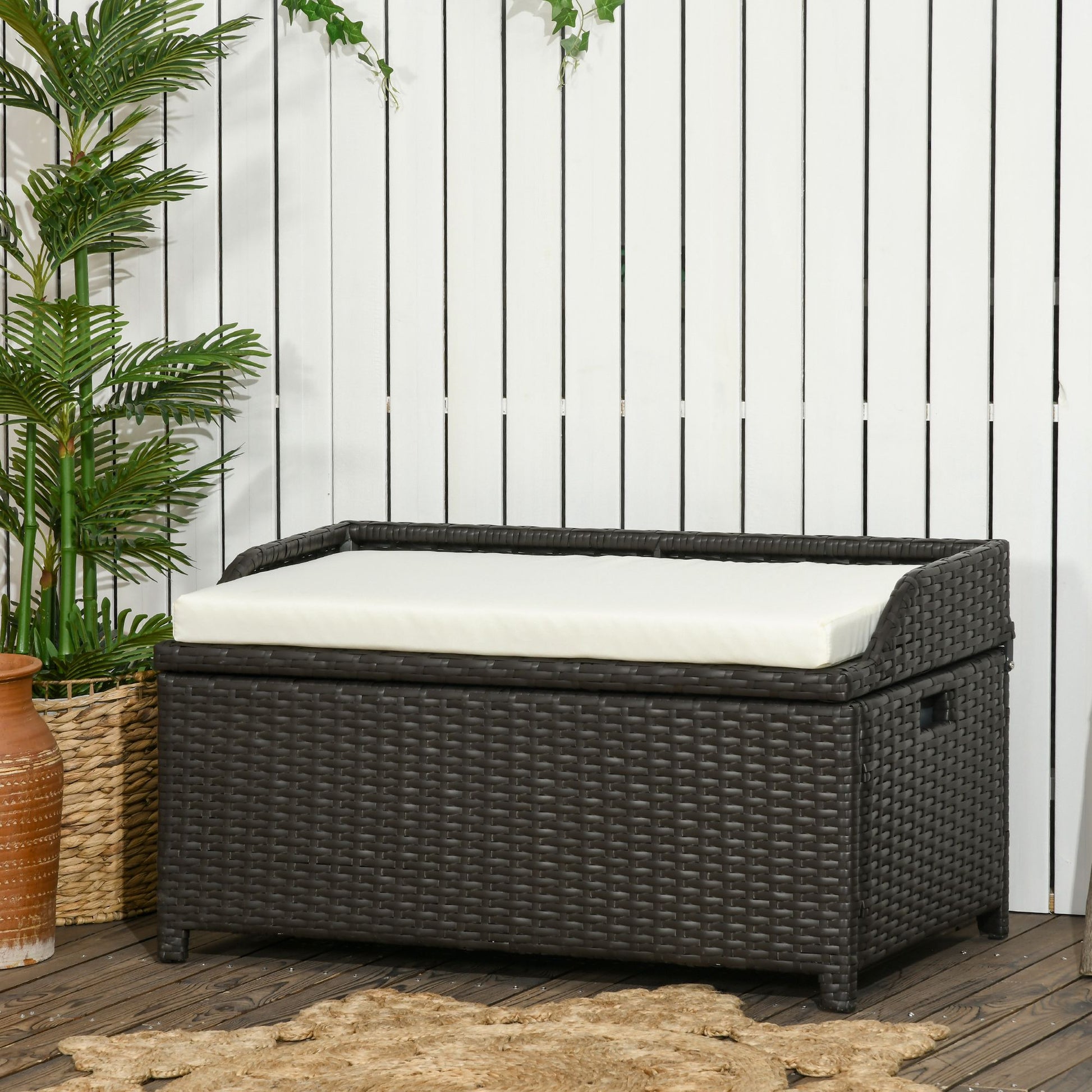 Outsunny Outdoor Wicker Storage Bench Deck Box, Pe Rattan Patio Furniture Pool Container Storage Bin With Interior Waterproof Bag And Comfortable Cushion, Cream White Cream White Aluminum