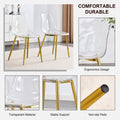 Table And Chair Set.Modern Rectangular Glass Dining Table With Tempered Glass Countertop And Golden Metal Legs, Paired With Multiple Transparent High Quality Pet Dining Chairs With Golden Legs. Gold Seats 6 Tempered Glass