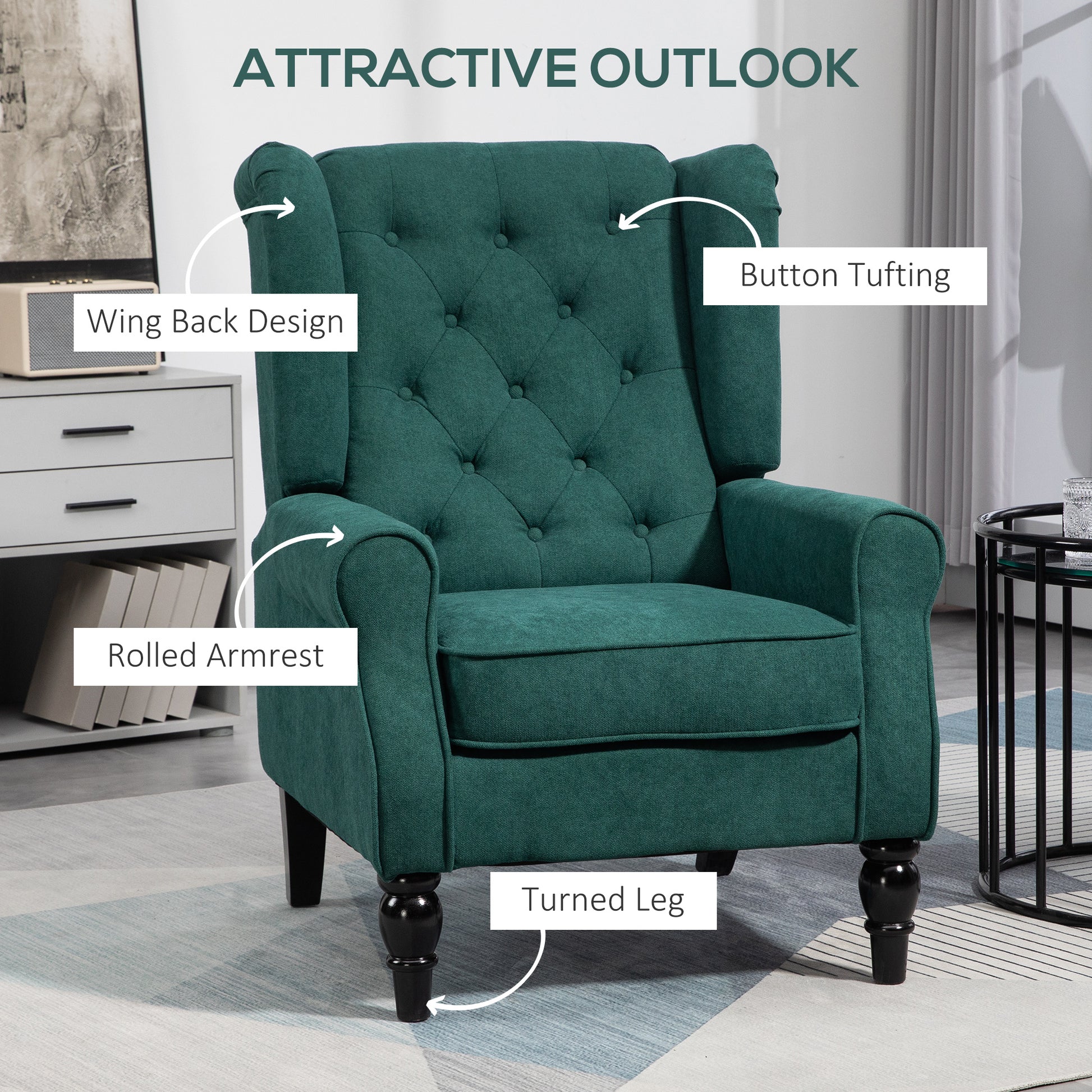 Homcom Button Tufted Accent Chair With High Wingback, Rounded Cushioned Armrests And Thick Padded Seat, Dark Green Dark Green Polyester