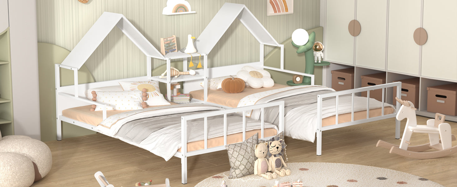 Metal Double Twin Size Platform Bed With House Shaped Headboard And A Built In Nightstand, White Box Spring Not Required Twin White Metal Metal