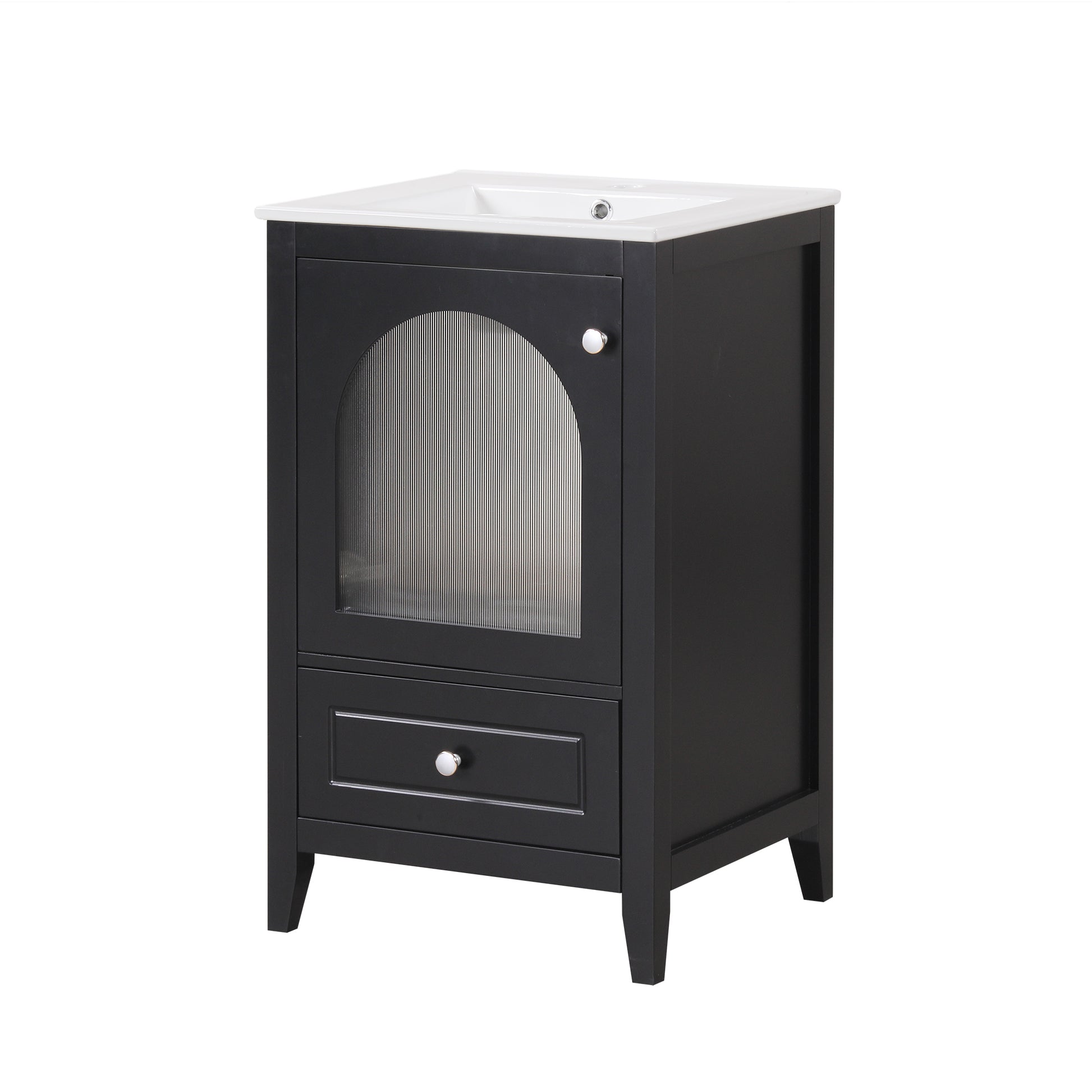 20" Bathroom Vanity With Sink, Bathroom Cabinet With Soft Closing Glass Door, A Drawer, Black Black Mdf