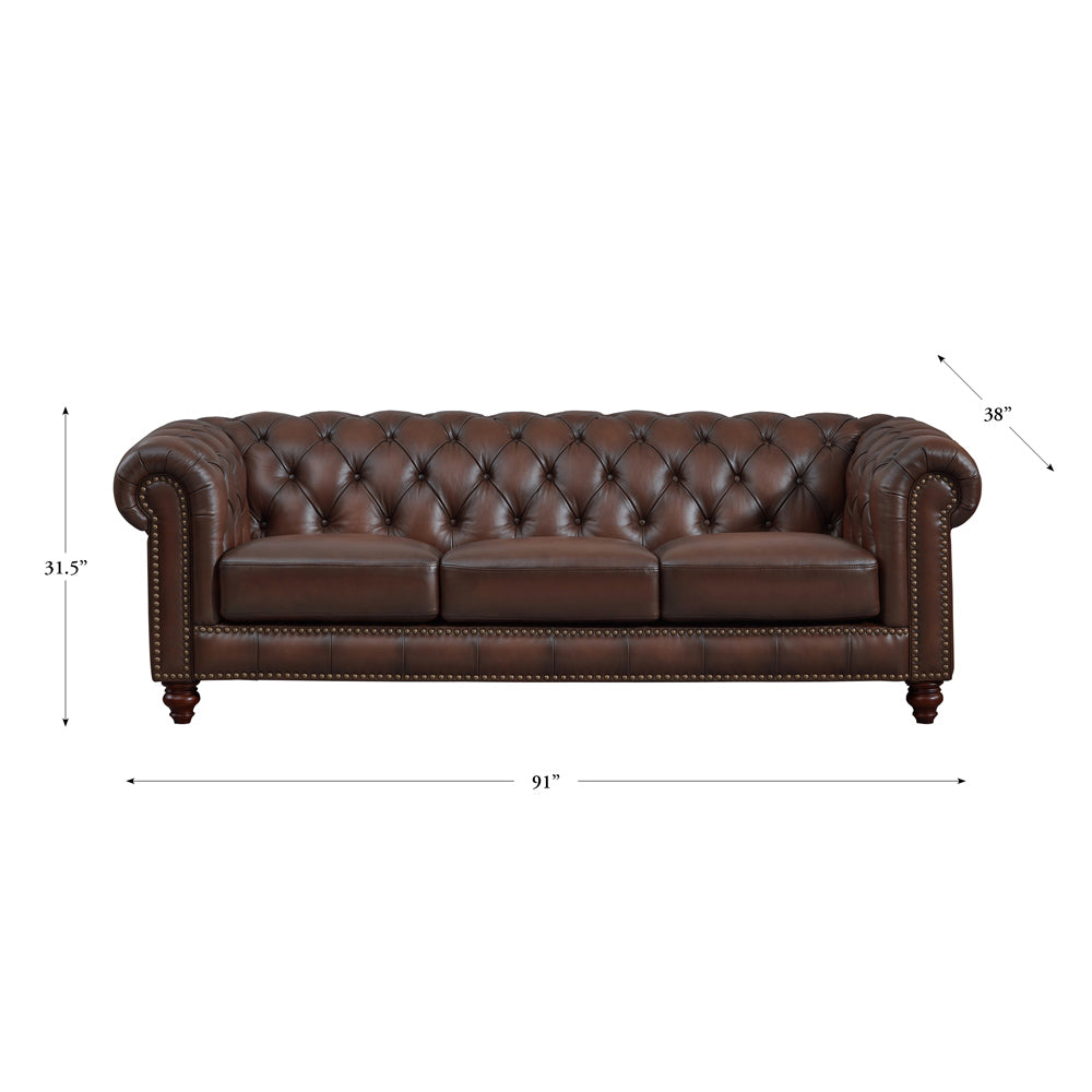 Alton Bay Top Grain Leather Sofa Couch Brown Genuine Leather Wood Primary Living Space Medium Firm Tufted Back Mid Century Modern Eucalyptus Rolled Arms Down Filling Leather 3 Seat