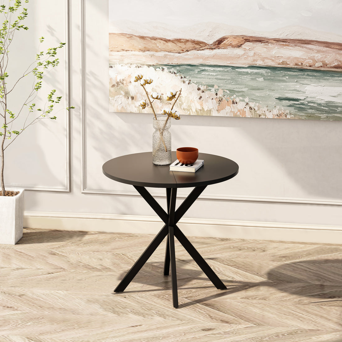 31.5'' Modern Round Dining Table With Crossed Legs, Black Occasional Table, Two Piece Detachable Table Top, Matte Finish Iron Legs Black Mdf Metal