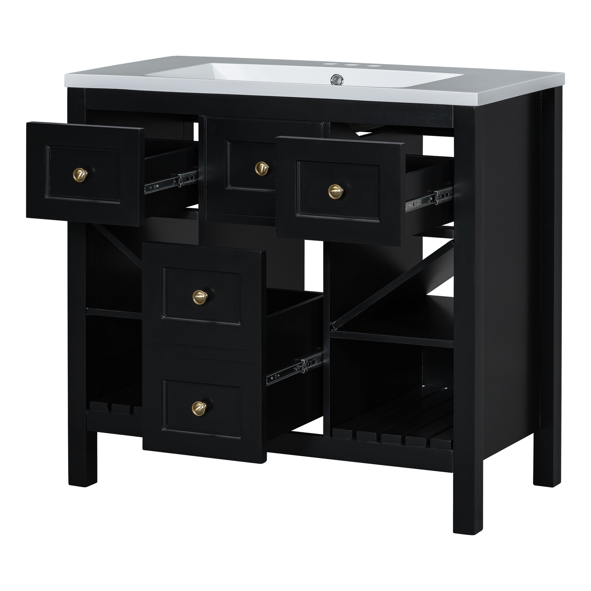 36'' Bathroom Vanity With Resin Sink Combo, Solid Wood Frame Bathroom Storage Cabinet, Freestanding Vanity Set With 5 Drawers& Soft Closing Doors Same As N710S136001B Black Bathroom Solid Wood Mdf Resin