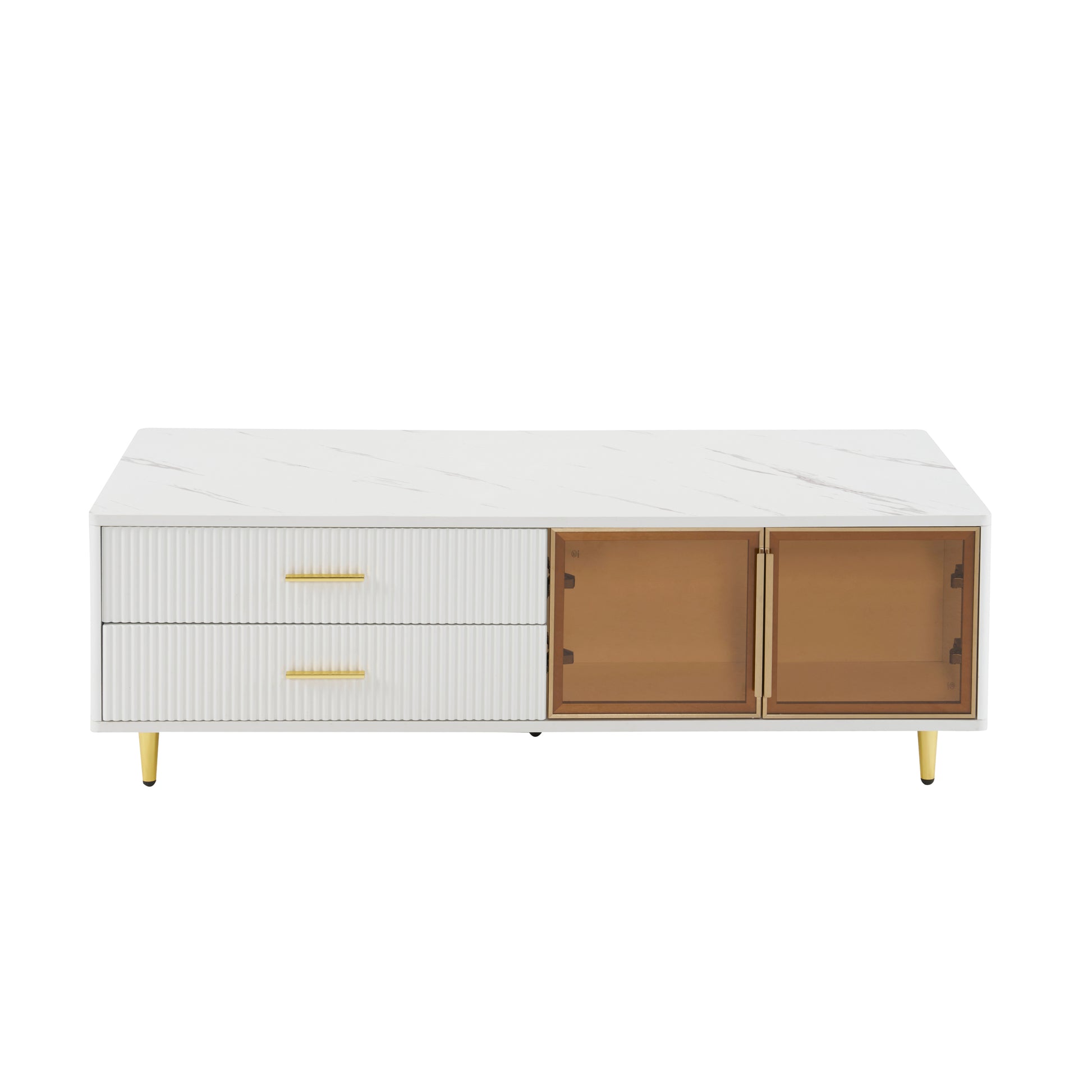Modern White Coffee Table With 2 Glass Door Storage, 4 Drawers, Gold Metal Legs, And Multi Color Lighting In 47.2'' White Drawers Mdf