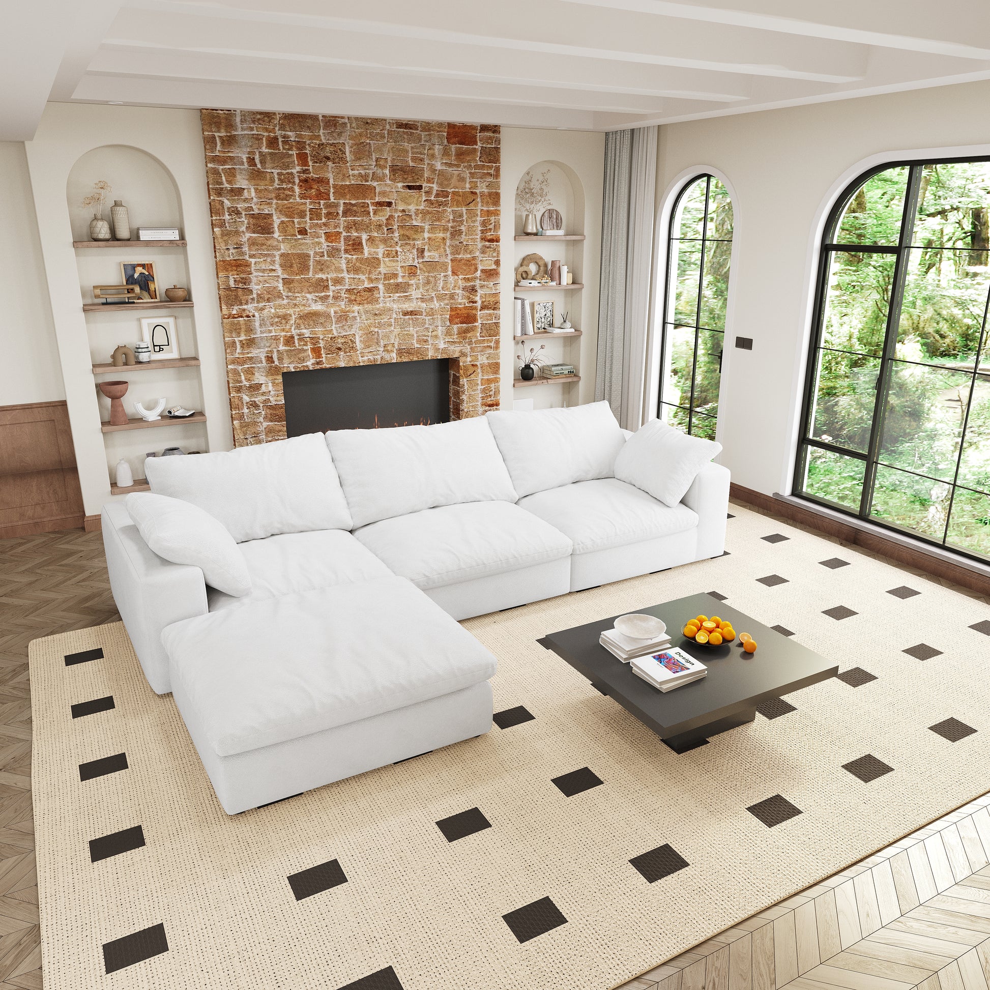 Cloud Modular Sectional Sofa With Storage Ottoman 120Inch Down Filled Comfort L Shaped Sofa Couch For Living Room 3Seater 1 Ottoman White Wood Primary Living Space Soft Cushion Back Pillow Top Arms Foam Fabric 4 Seat