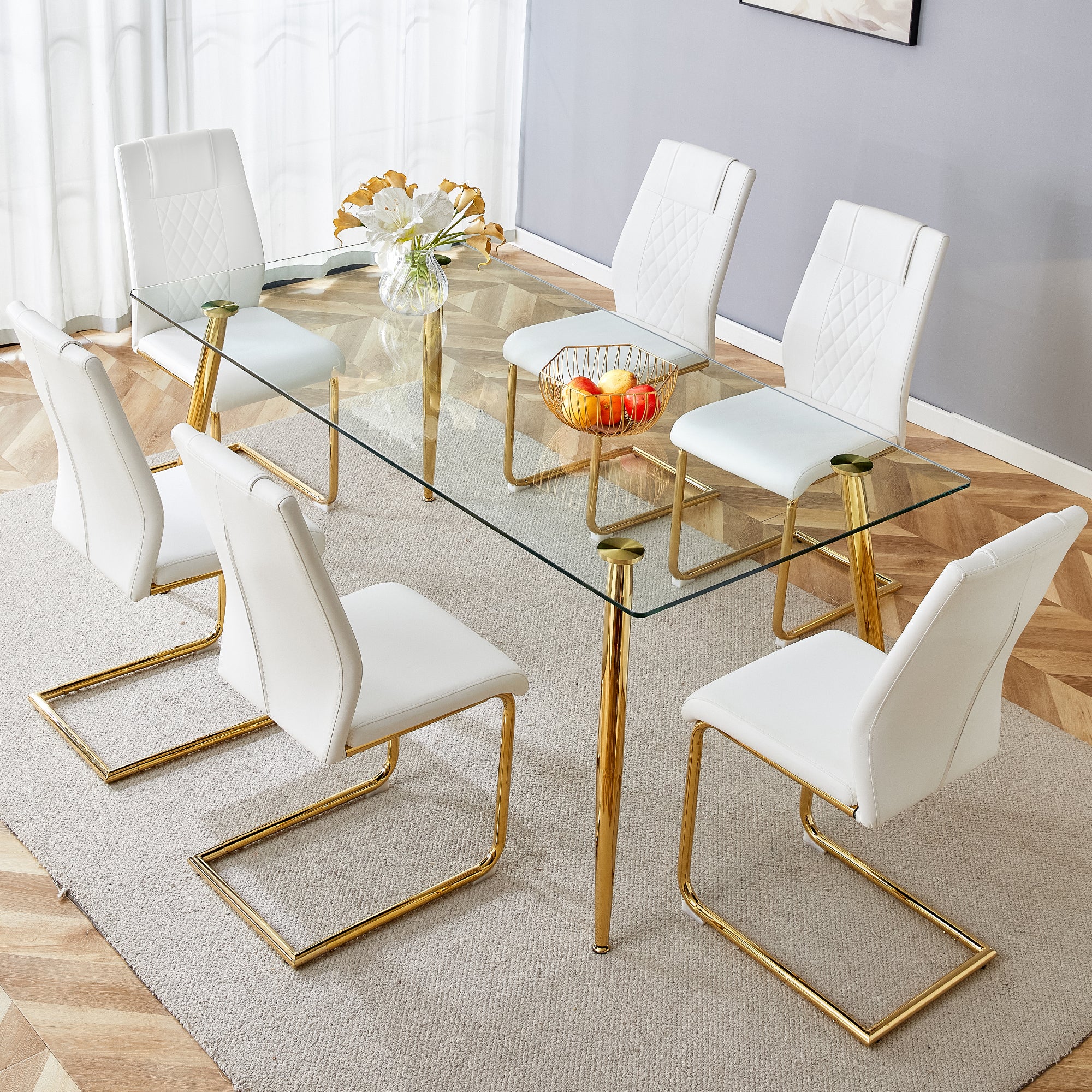 Table And Chair Set.Modern Rectangular Glass Dining Table With A Tempered Glass Tabletop And Metal Legs, Paired With Multiple Chairs Designed With Pu Cushions And Golden Metal Legs. White Gold Seats 6 Tempered Glass