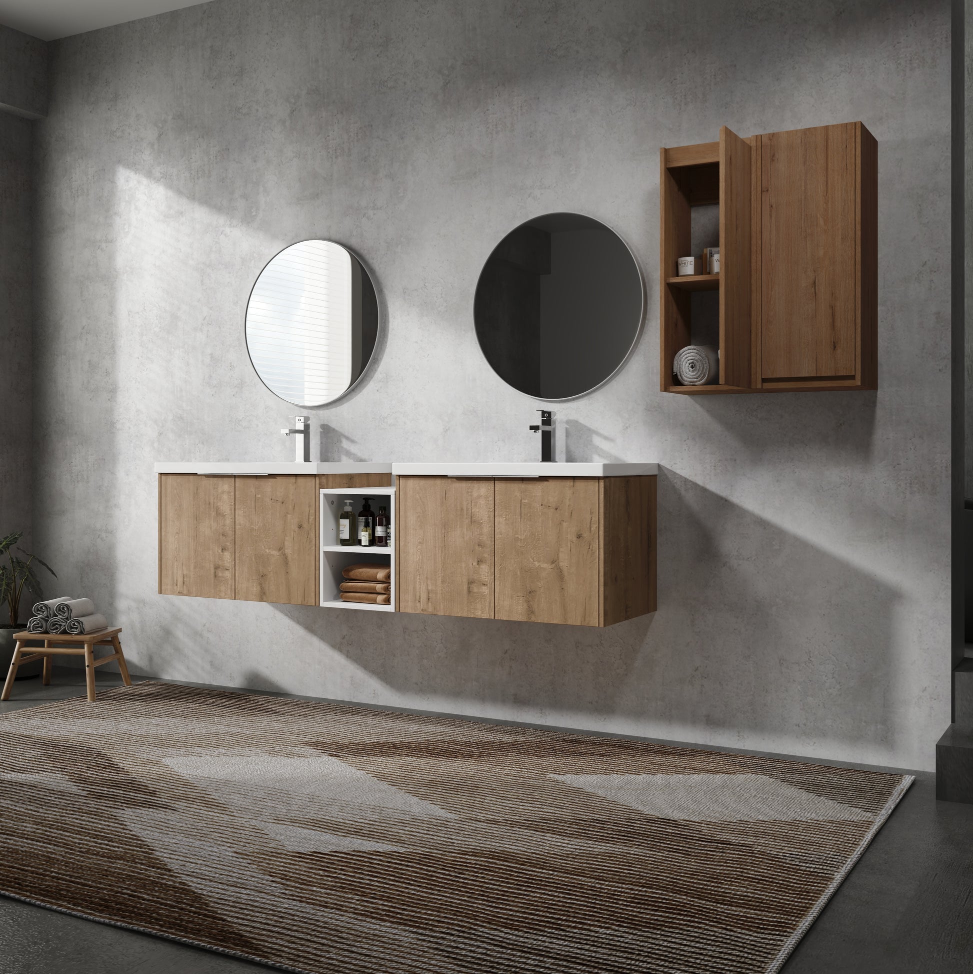 72" Wall Mounted Bathroom Vanity With Sink And Side Cabinet, Soft Close Doors,00112Imo 00630Imox2 00612Gwh Combination Cabinet Kd Packing Imitative Oak Bathroom Modern Plywood Plywood