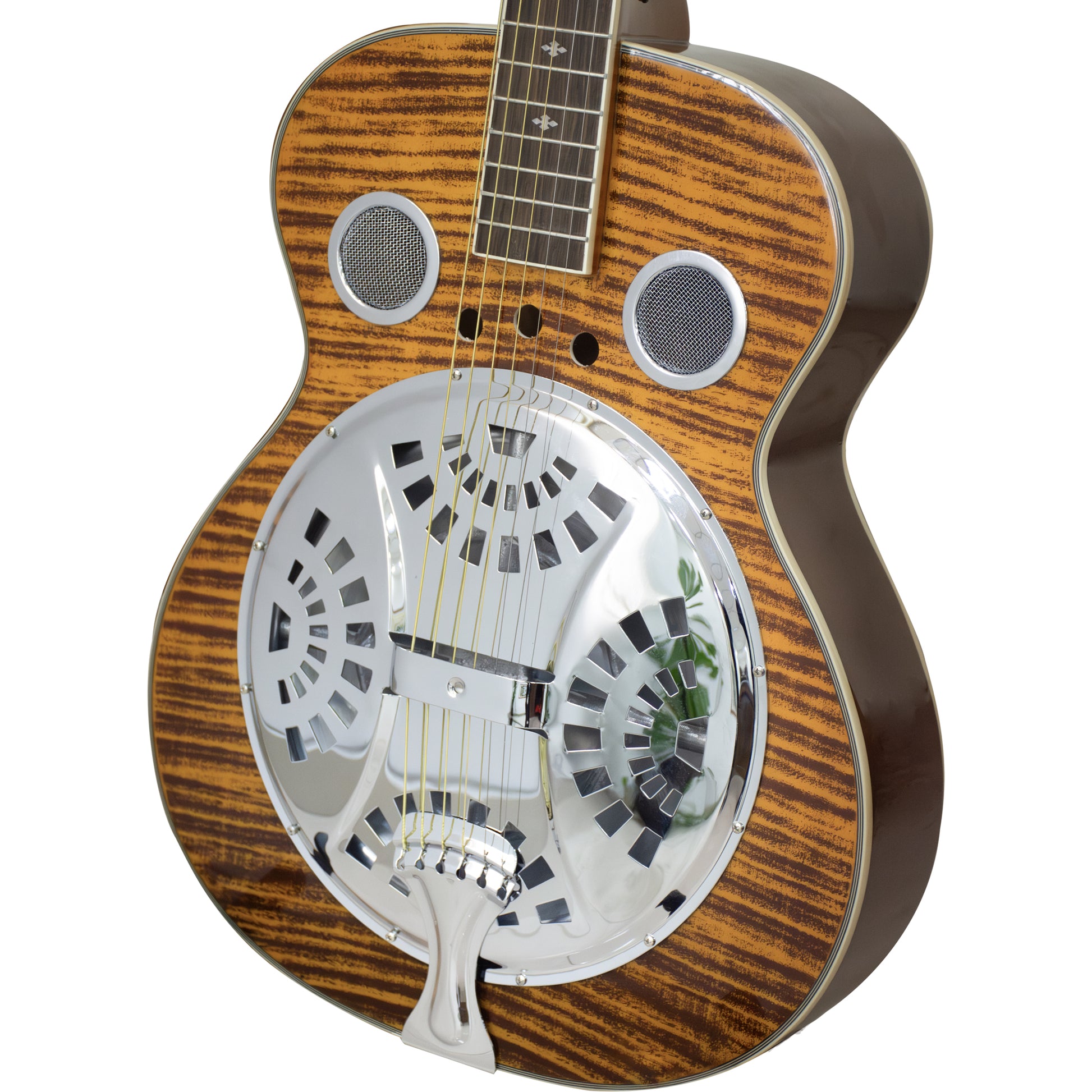 Beginner Metal Resonator Guitar, Full Size Circular Neck Traditional Resonator, Built In Preamplifier Tiger Wood