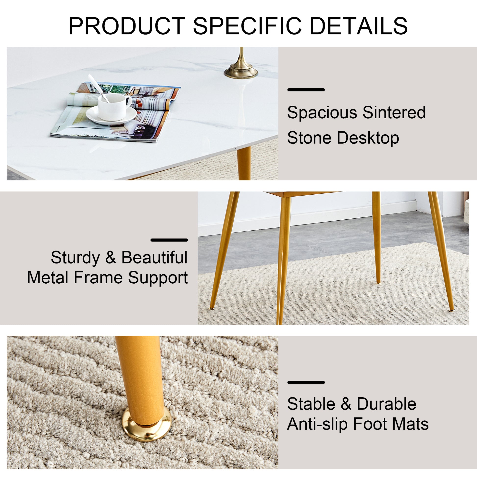 Table And Chair Set.A Morden Table With White Imitation Marble Patterned Stone Burning Tabletop With Golden Metal Legs.Paried With 4 Chairs With Pu Leather Backrest And Black Metal Legs. Light Gray,White Gold Seats 4 Metal,Sintered Stone