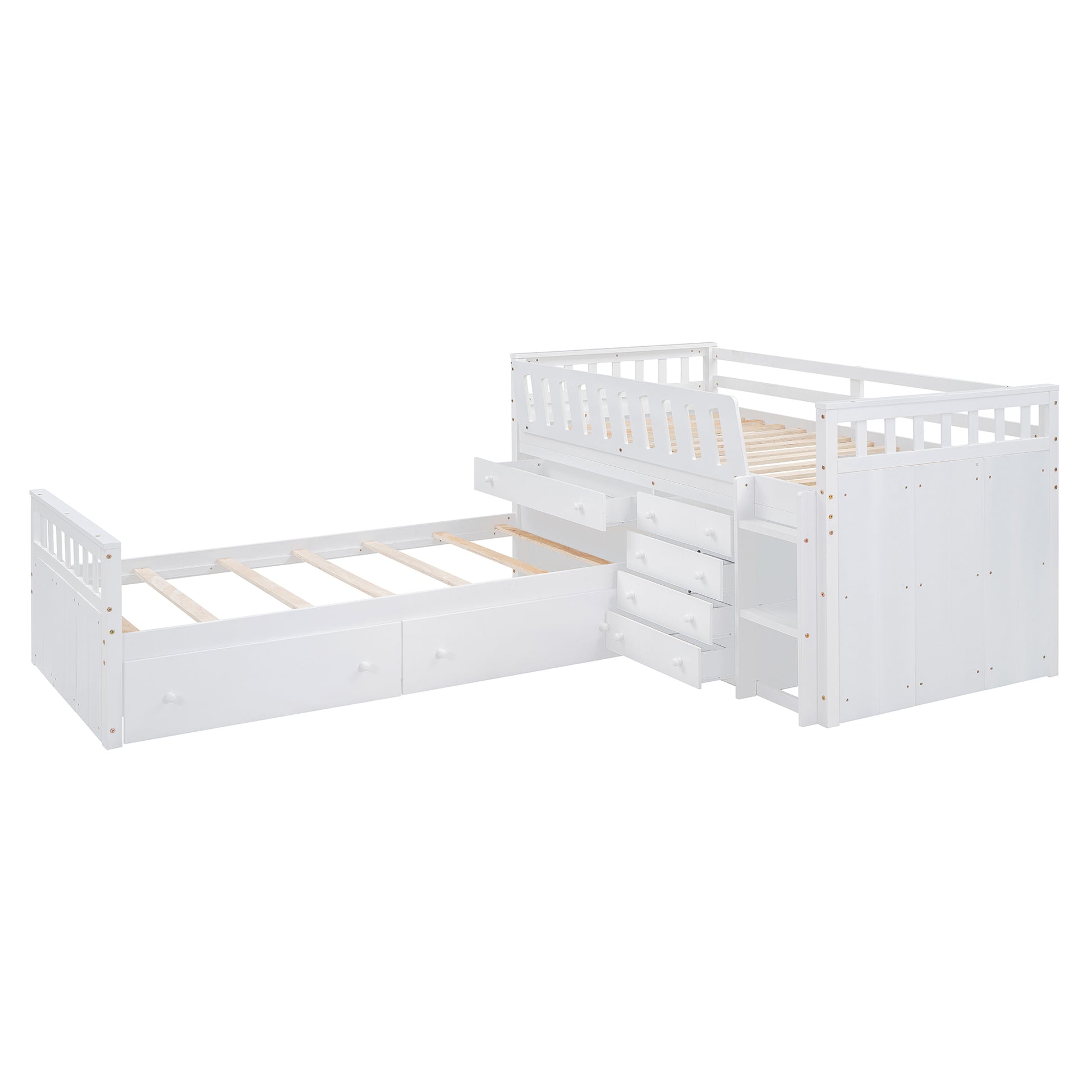 L Shaped Space Saving Twin Loft And Twin Platform Bed With 7 Drawers And Full Guardrails White Twin White Solid Wood