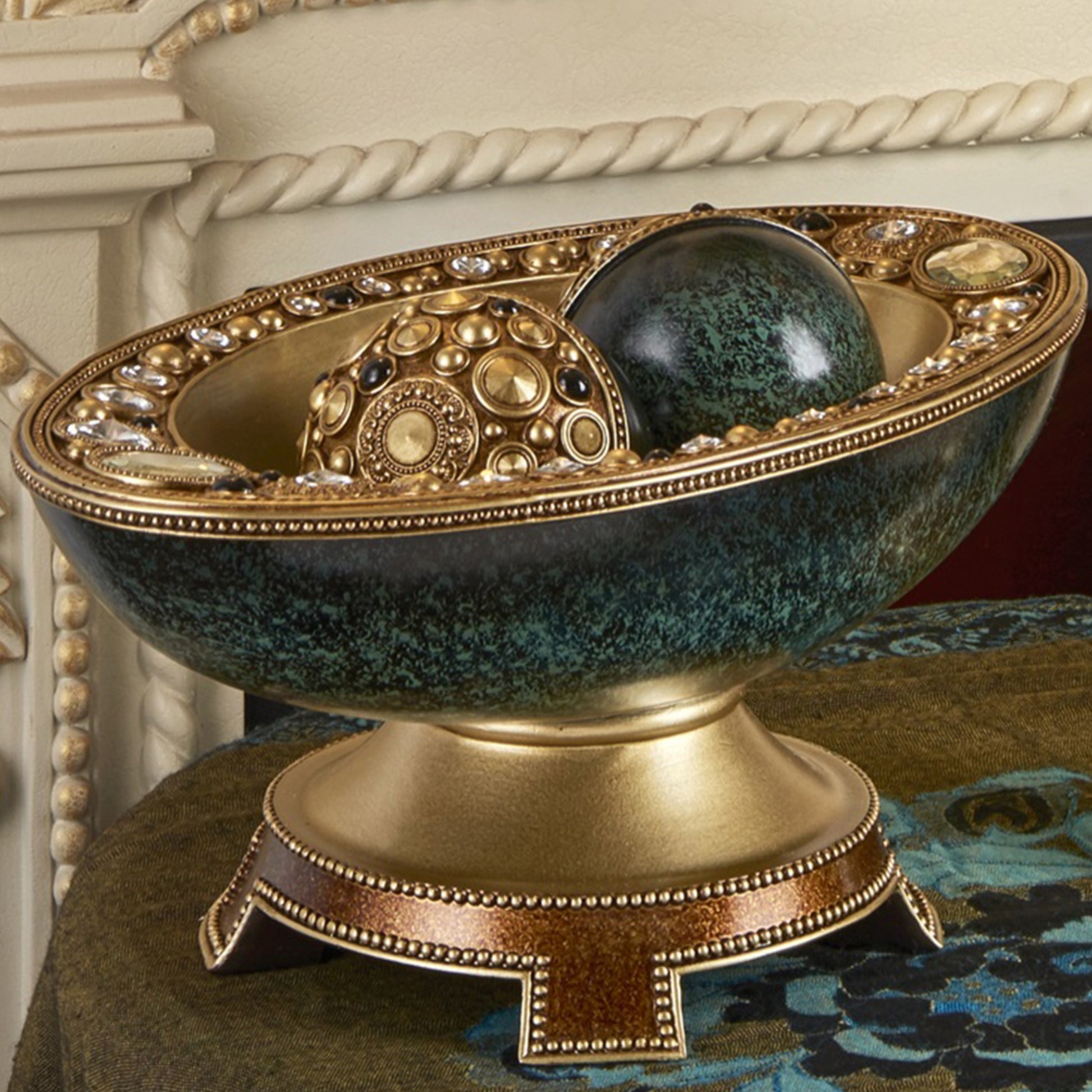 8.25" Tall "Sedona" Marbleized Footed Decorative Bowl, Green With Gold Accents Green Polyresin