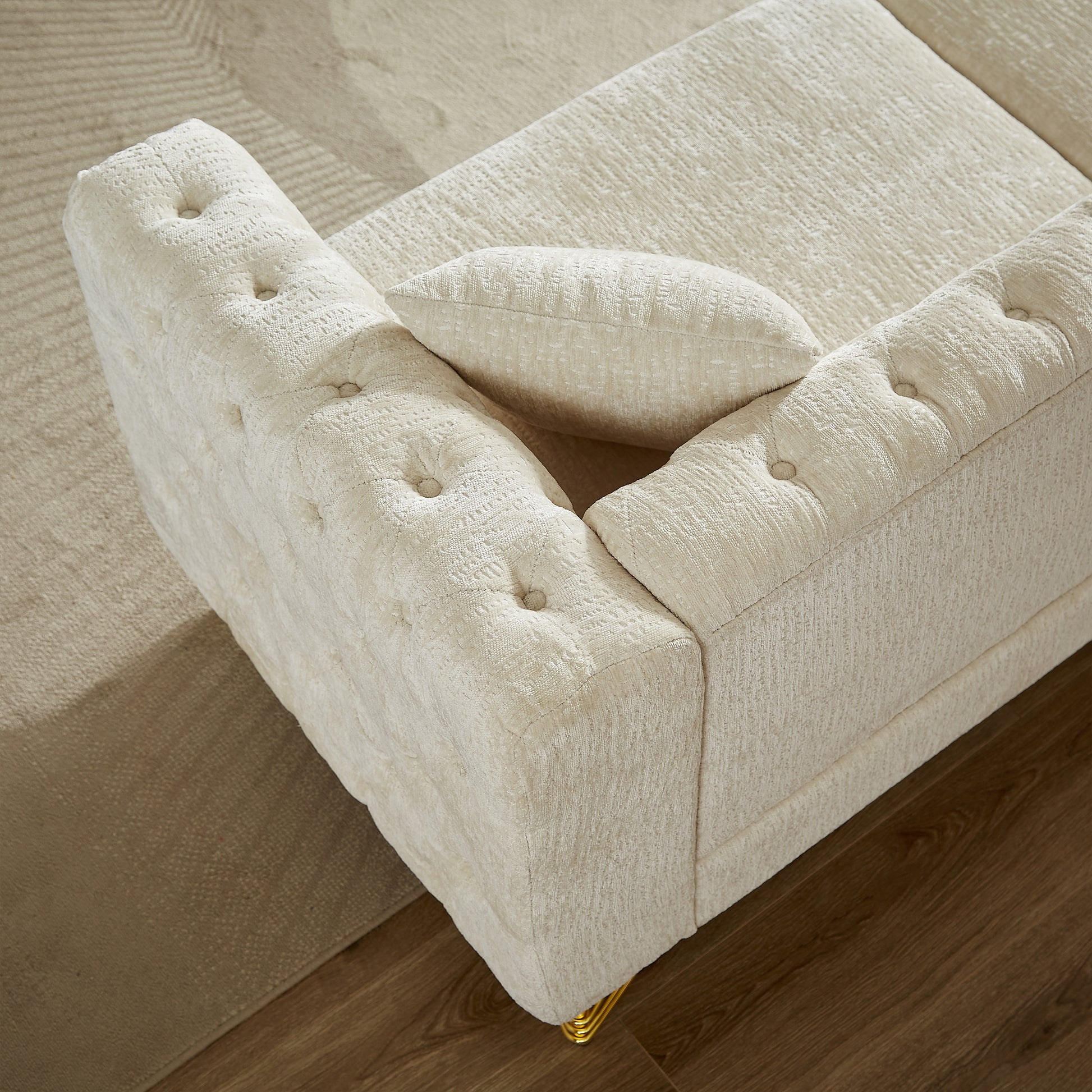 60 Inch Chenille Pull Buckle Design Sofa For Living Room,Buttons Tufted With Copper Nail Decoration Armrest, Modern Couch Upholstered Button And Metal Legs Beige Foam Chenille 2 Seat