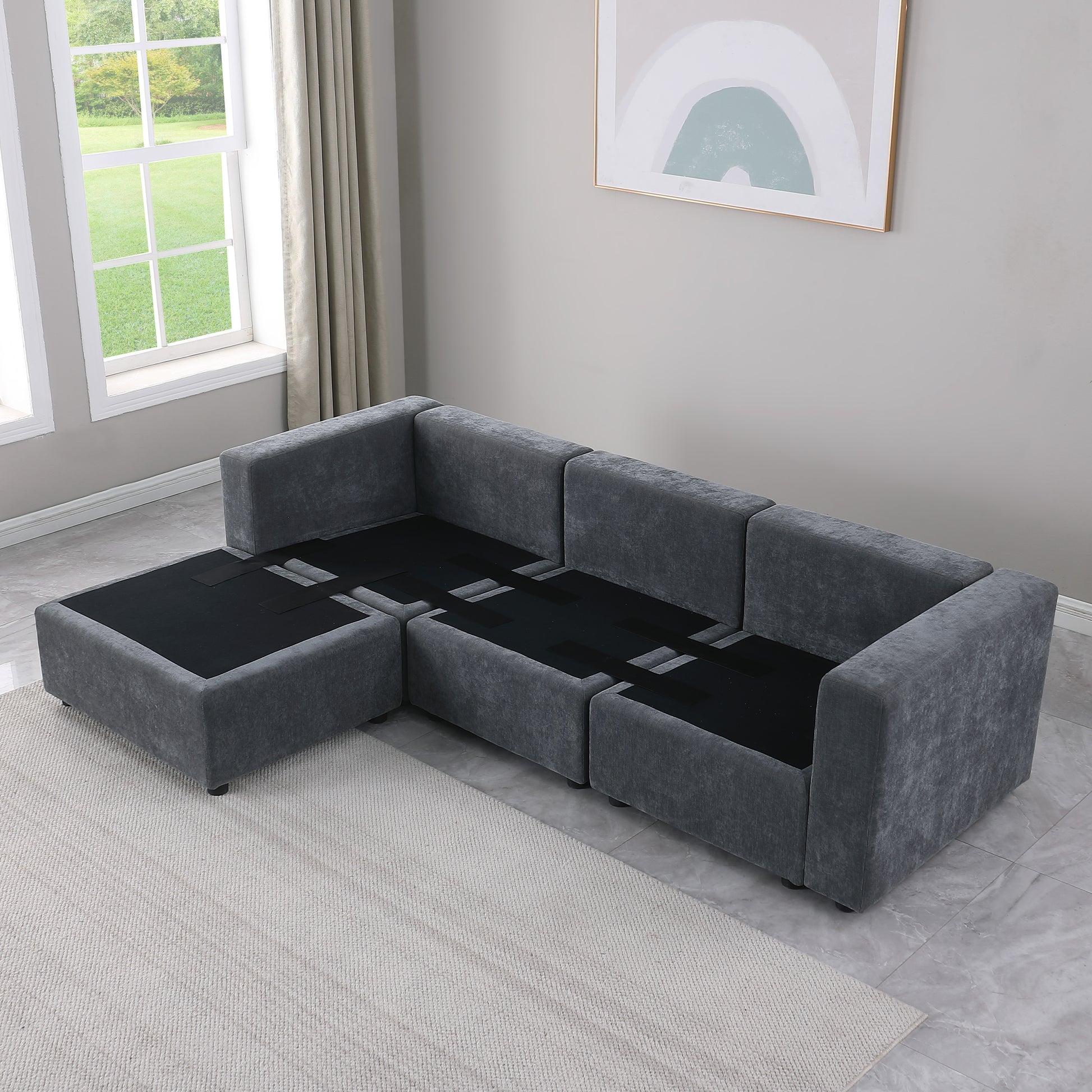 Modular Sectional Sofa, Convertible Sofa Couch, Modular Sectionals With Ottomans, 4Seat Sofa Couch With Reversible Chaise For Living Room. Chenille Grey Grey Fabric 4 Seat