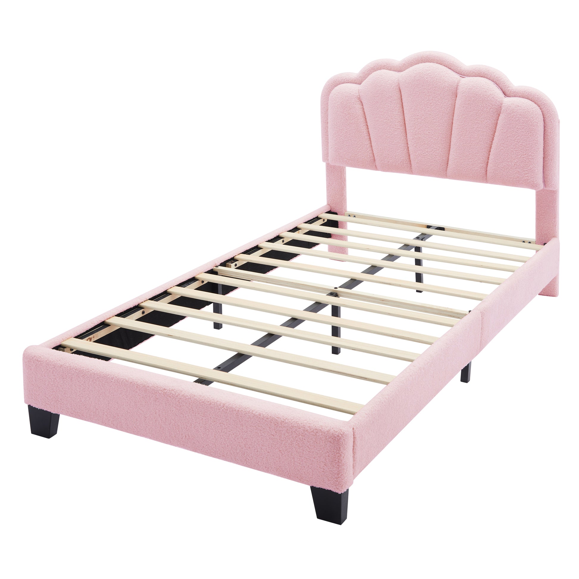 2 Pieces Bedroom Sets Twin Size Flower Shaped Upholstered Led Platform Bed With Storage Ottoman Sherpa Fabric, Pink Twin Pink 2 Piece Set Wood